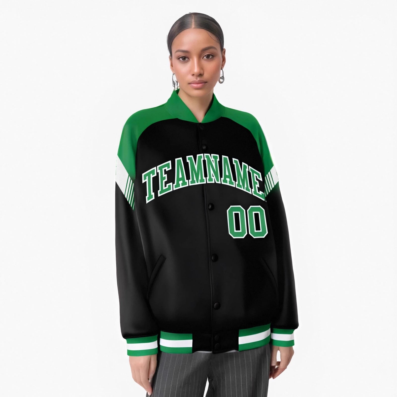 Custom Black Kelly Green-White Varsity Full-Snap Color Block Letterman Jacket