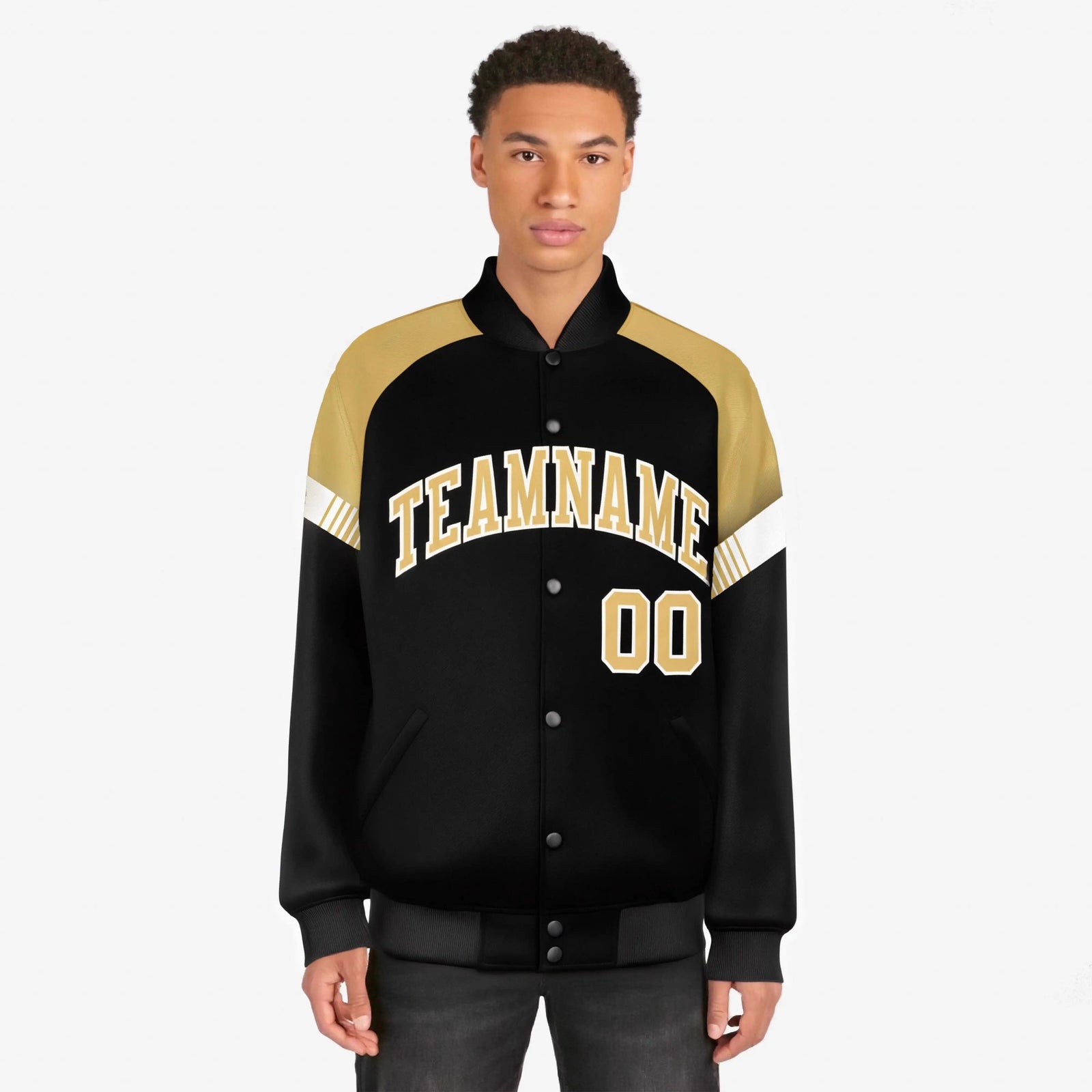 Custom Black Old Gold-White Varsity Full-Snap Color Block Letterman Jacket