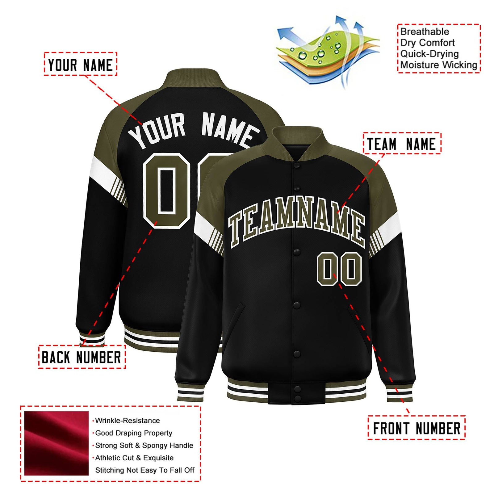 Custom Black Olive-White Varsity Full-Snap Color Block Letterman Jacket