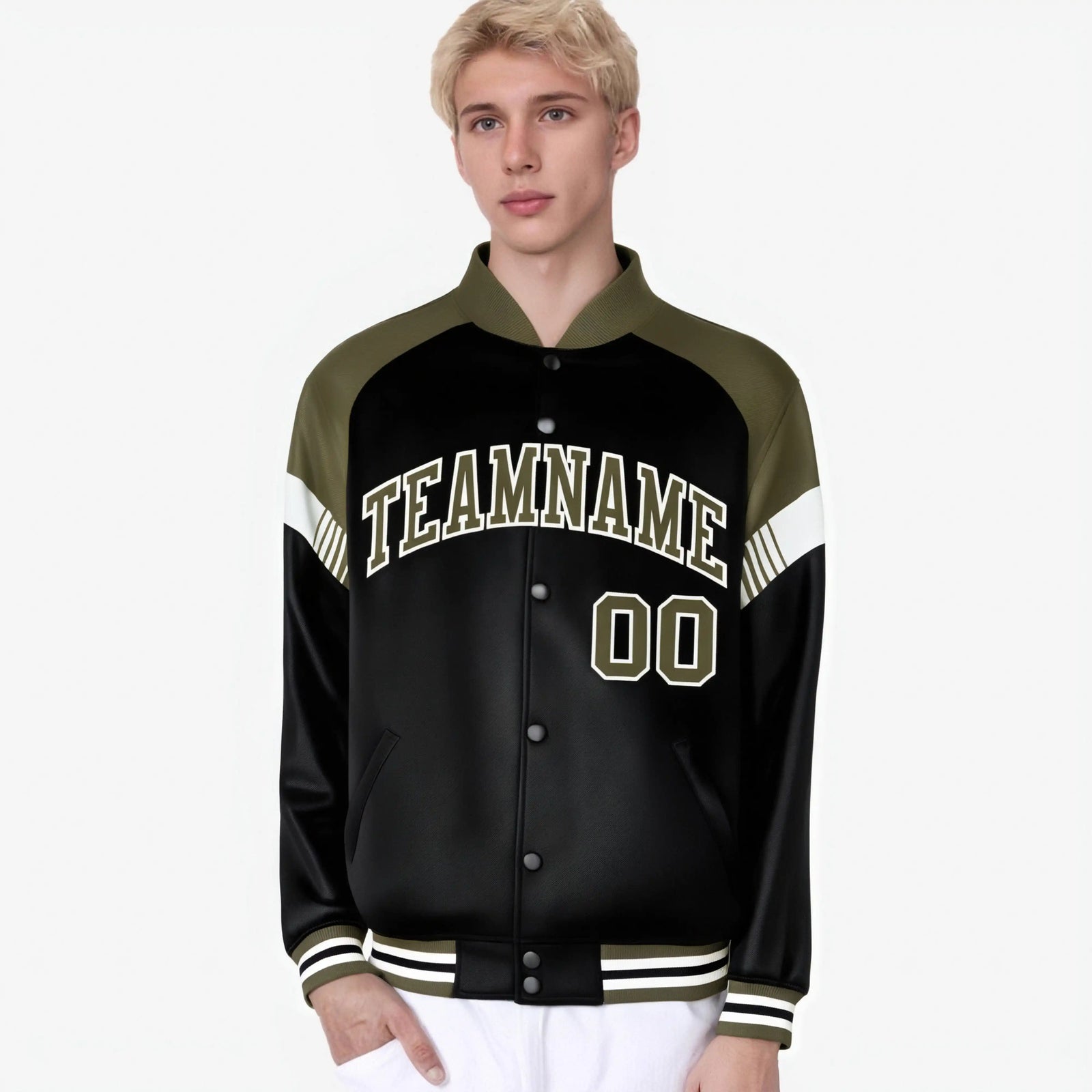 Custom Black Olive-White Varsity Full-Snap Color Block Letterman Jacket