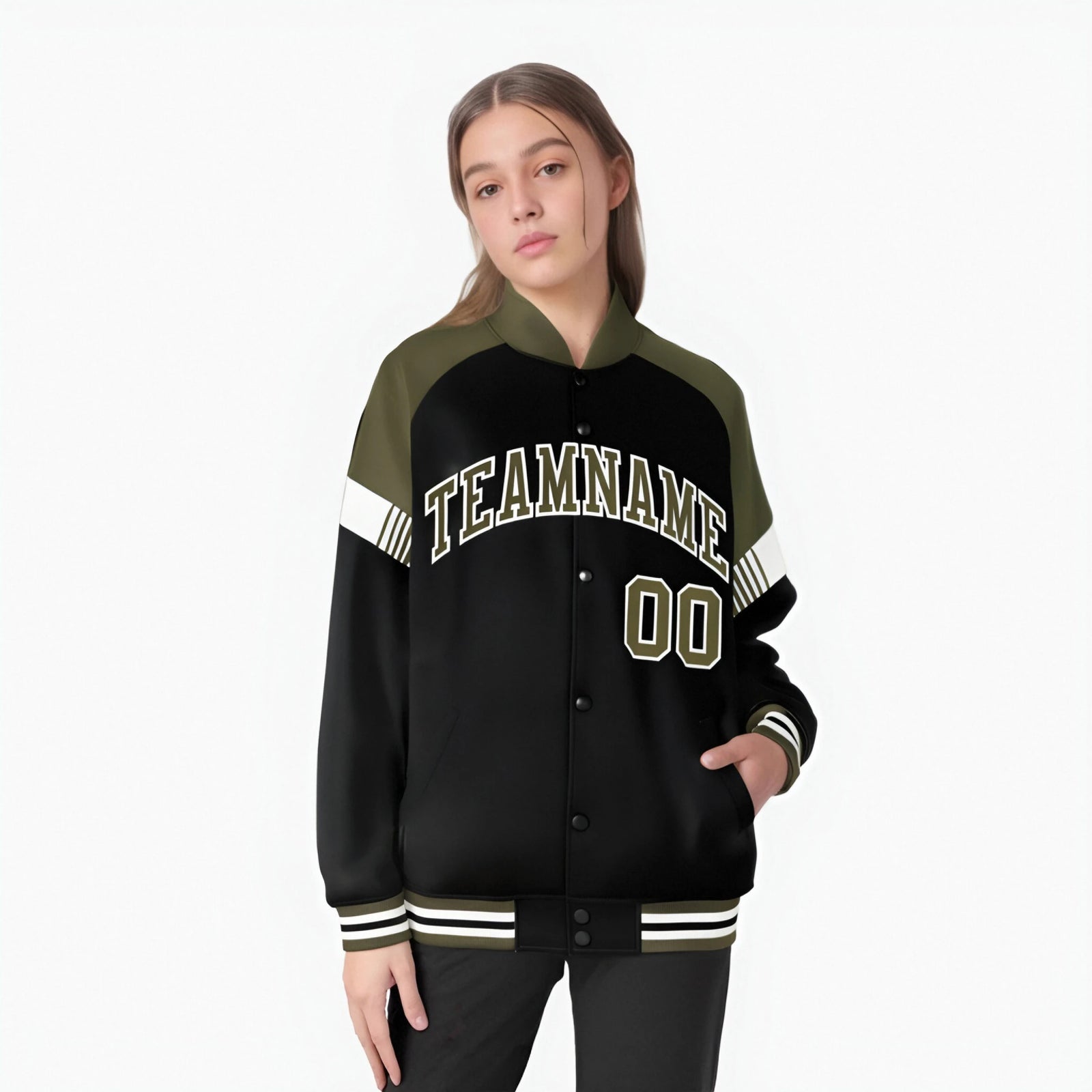 Custom Black Olive-White Varsity Full-Snap Color Block Letterman Jacket