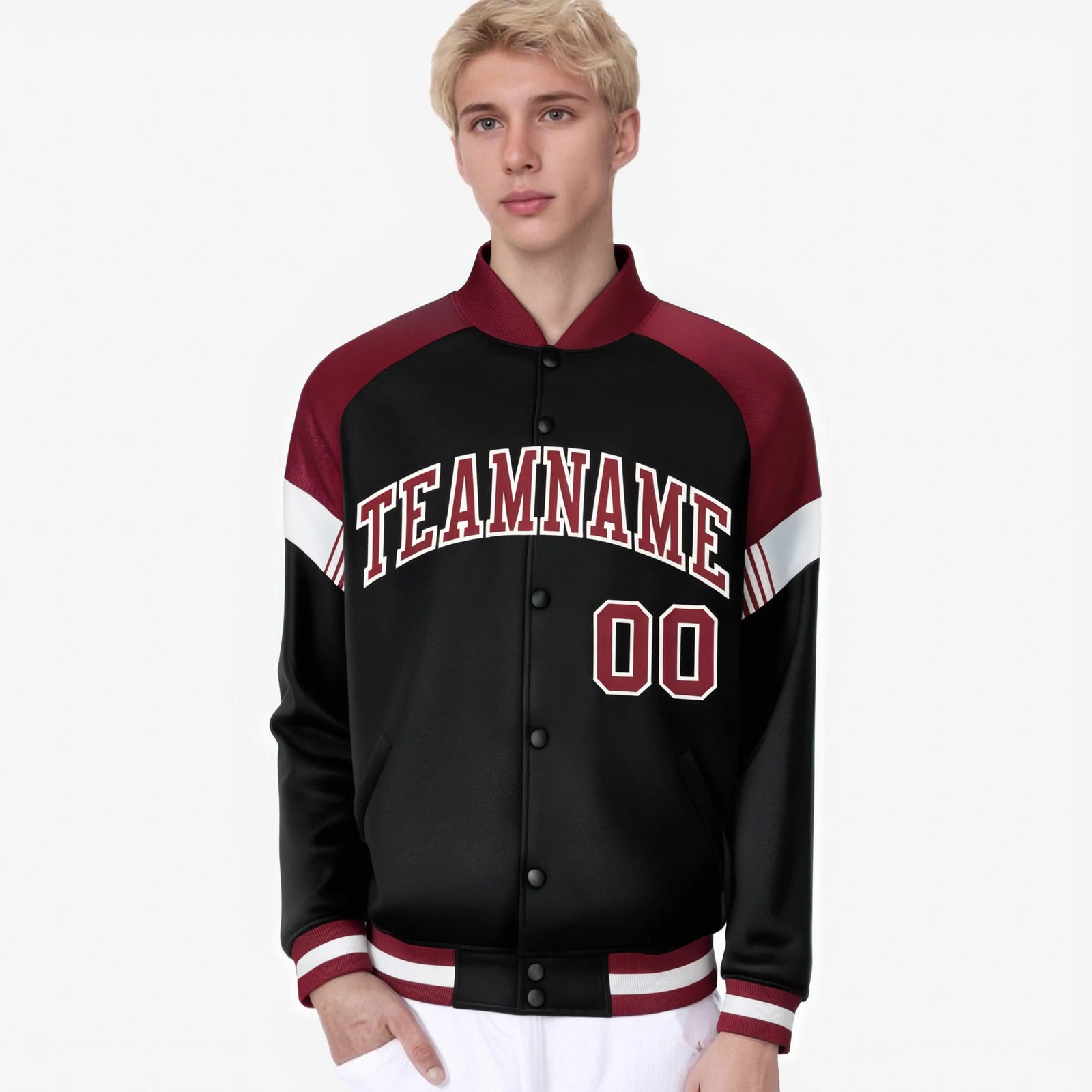 Custom Black Crimson-White Varsity Full-Snap Color Block Letterman Jacket