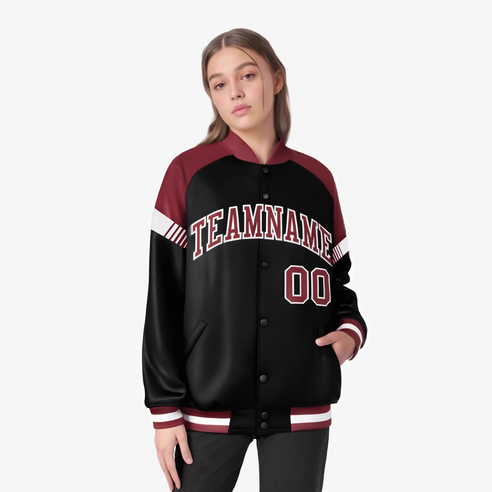 Custom Black Crimson-White Varsity Full-Snap Color Block Letterman Jacket