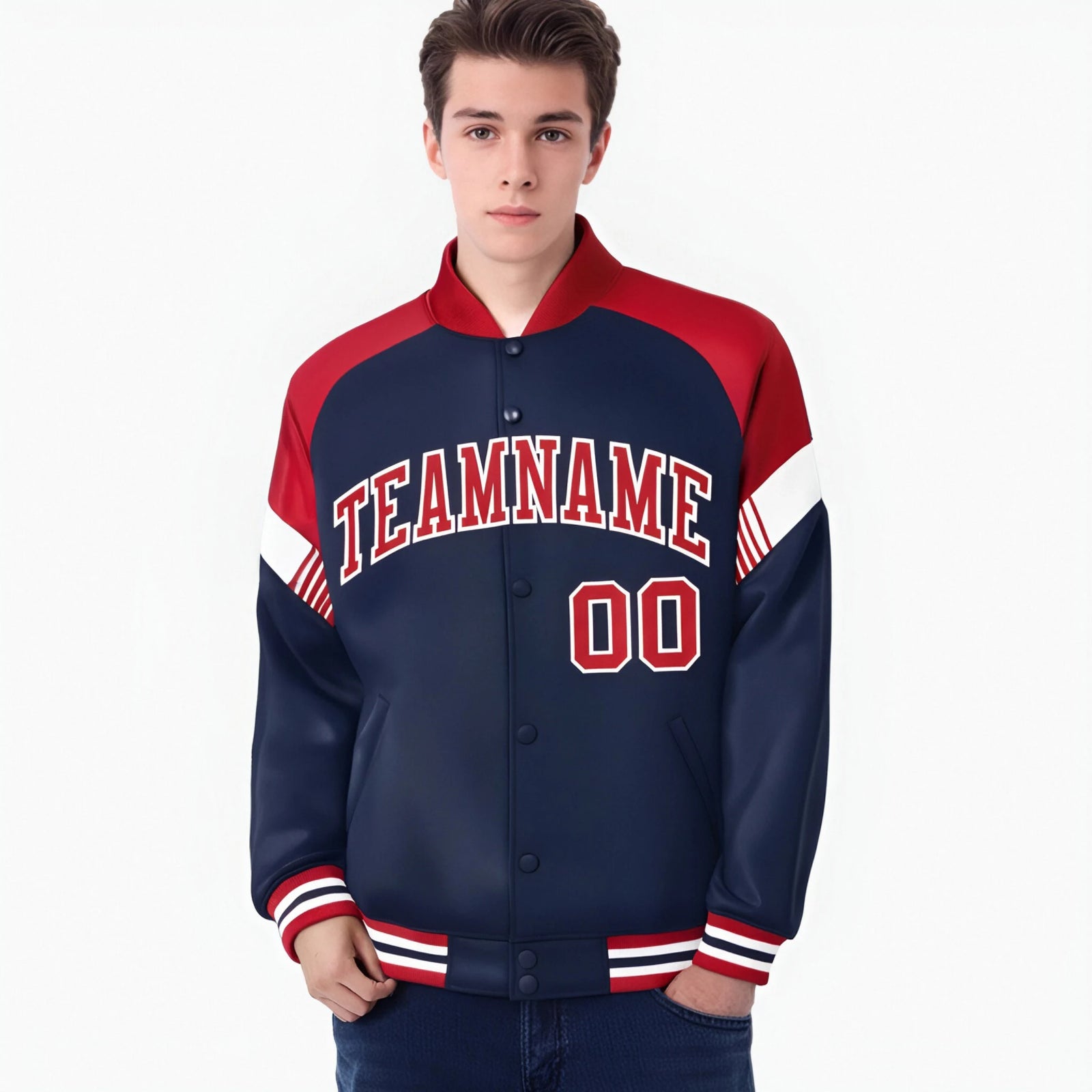 Custom Navy Red-White Varsity Full-Snap Color Block Letterman Jacket
