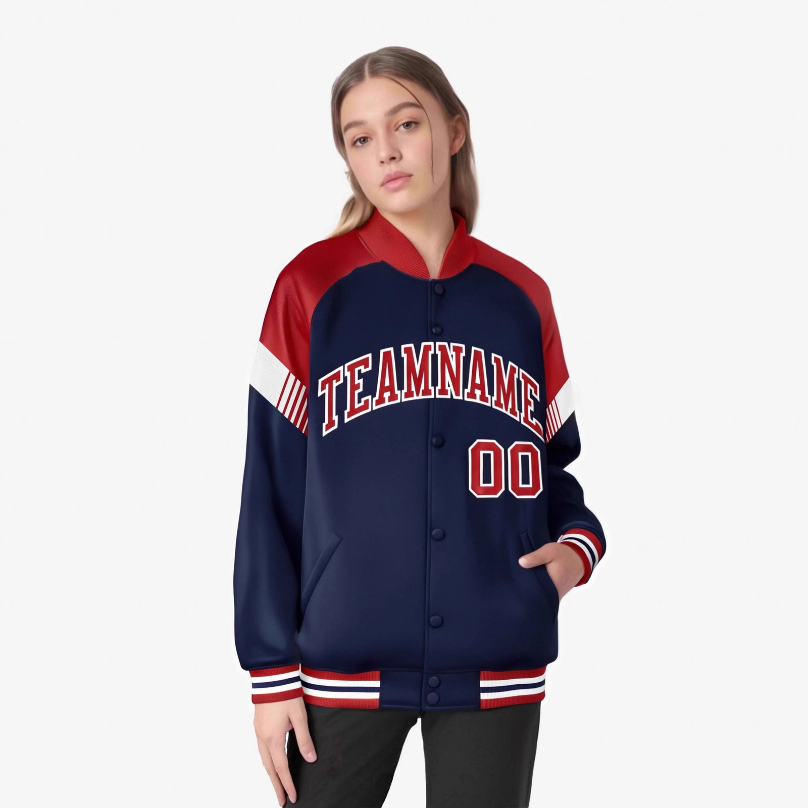 Custom Navy Red-White Varsity Full-Snap Color Block Letterman Jacket