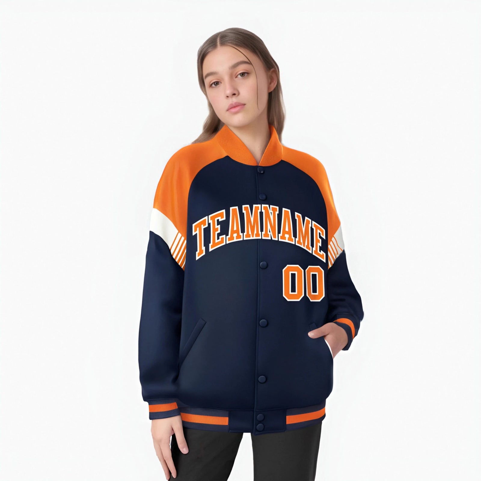 Custom Navy Orange-White Varsity Full-Snap Color Block Letterman Jacket