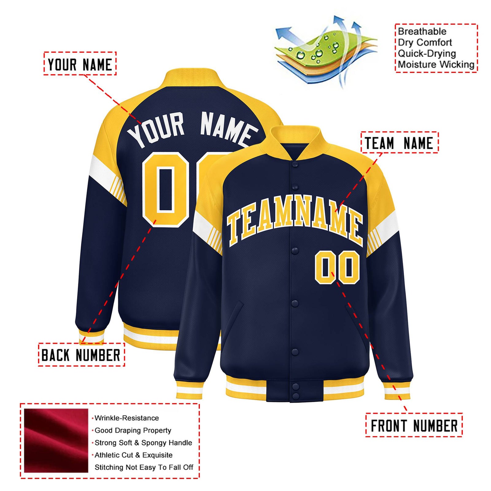 Custom Navy Gold-White Varsity Full-Snap Color Block Letterman Jacket