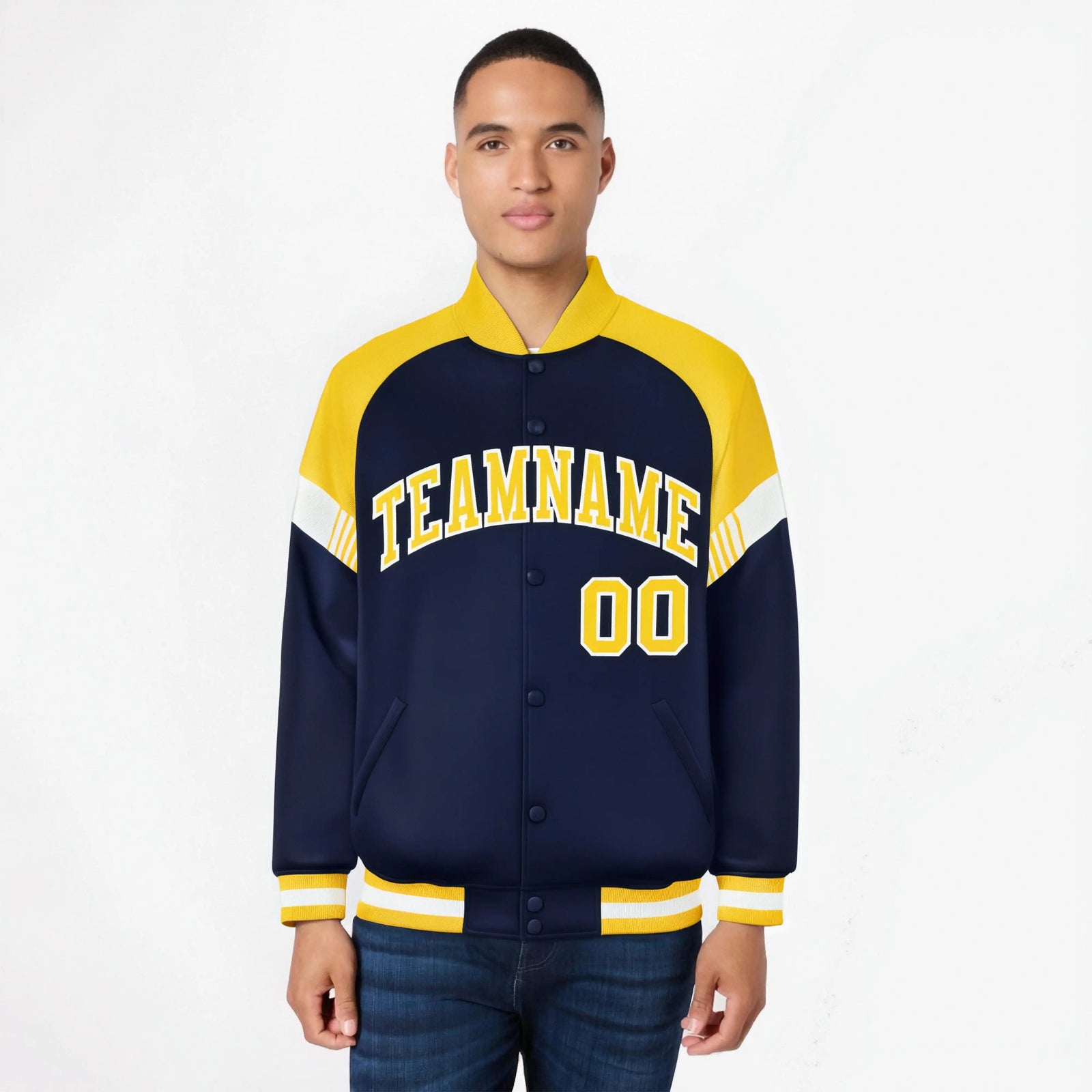 Custom Navy Gold-White Varsity Full-Snap Color Block Letterman Jacket