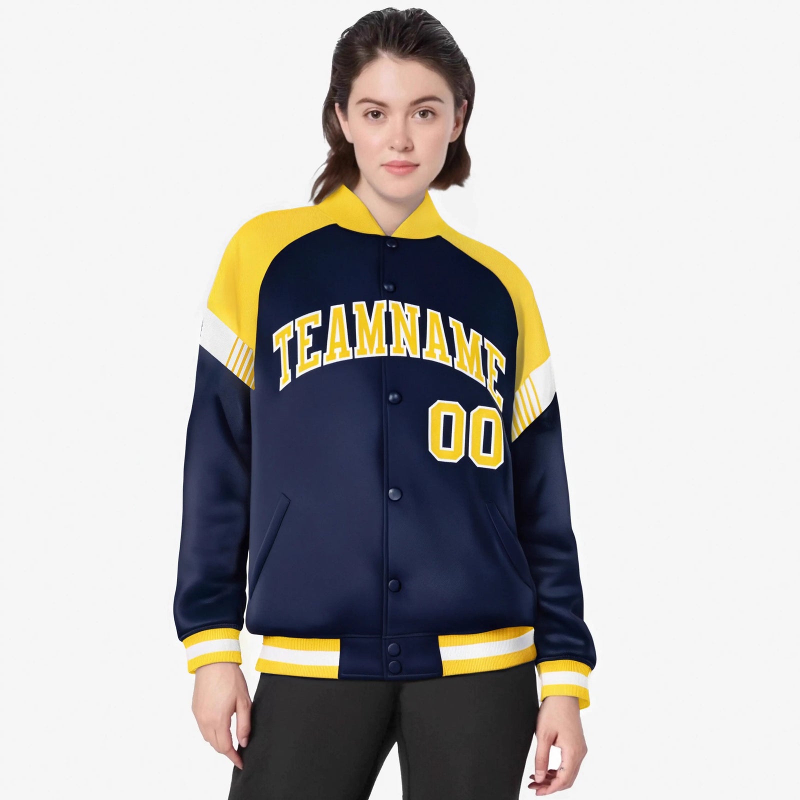 Custom Navy Gold-White Varsity Full-Snap Color Block Letterman Jacket