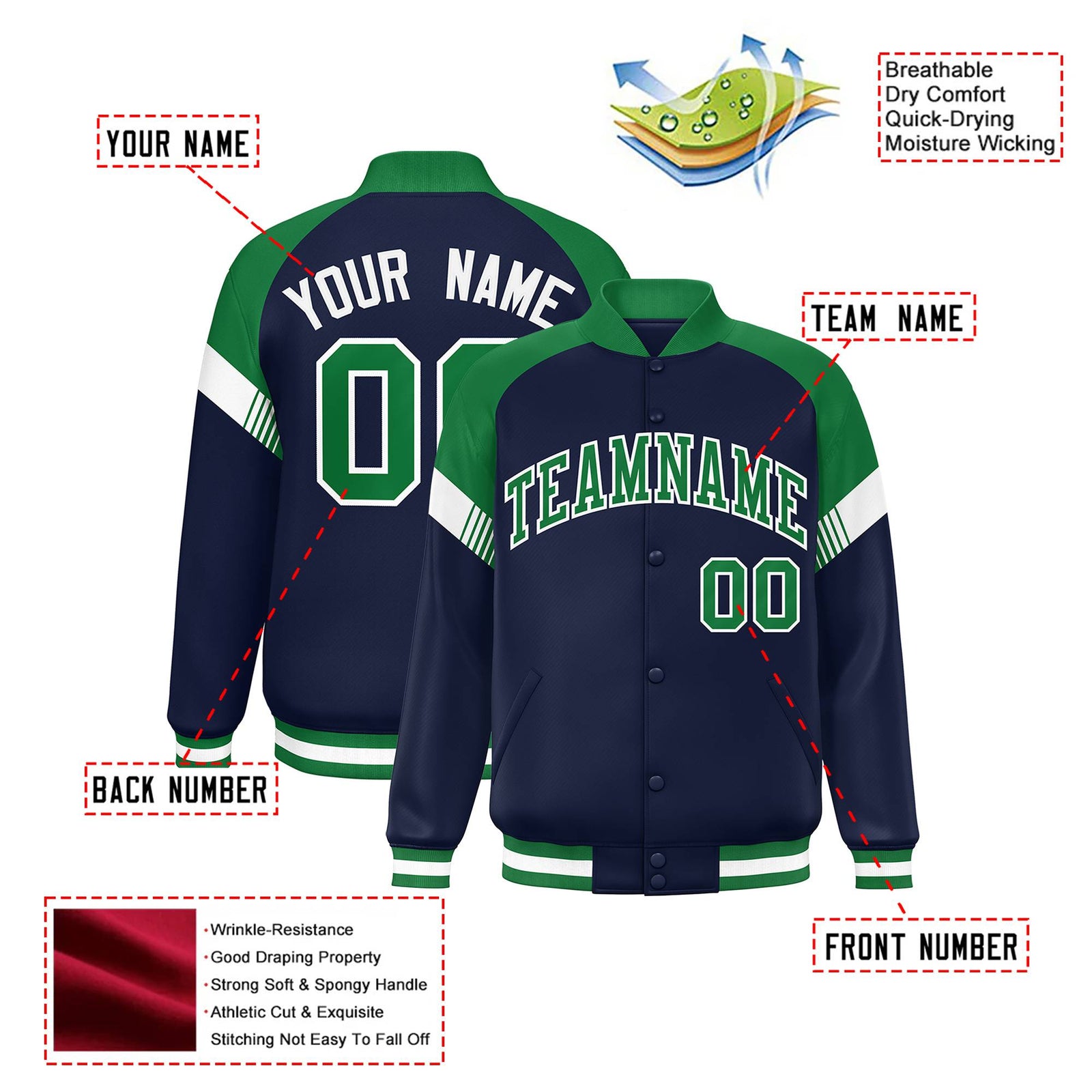 Custom Navy Kelly Green-White Varsity Full-Snap Color Block Letterman Jacket