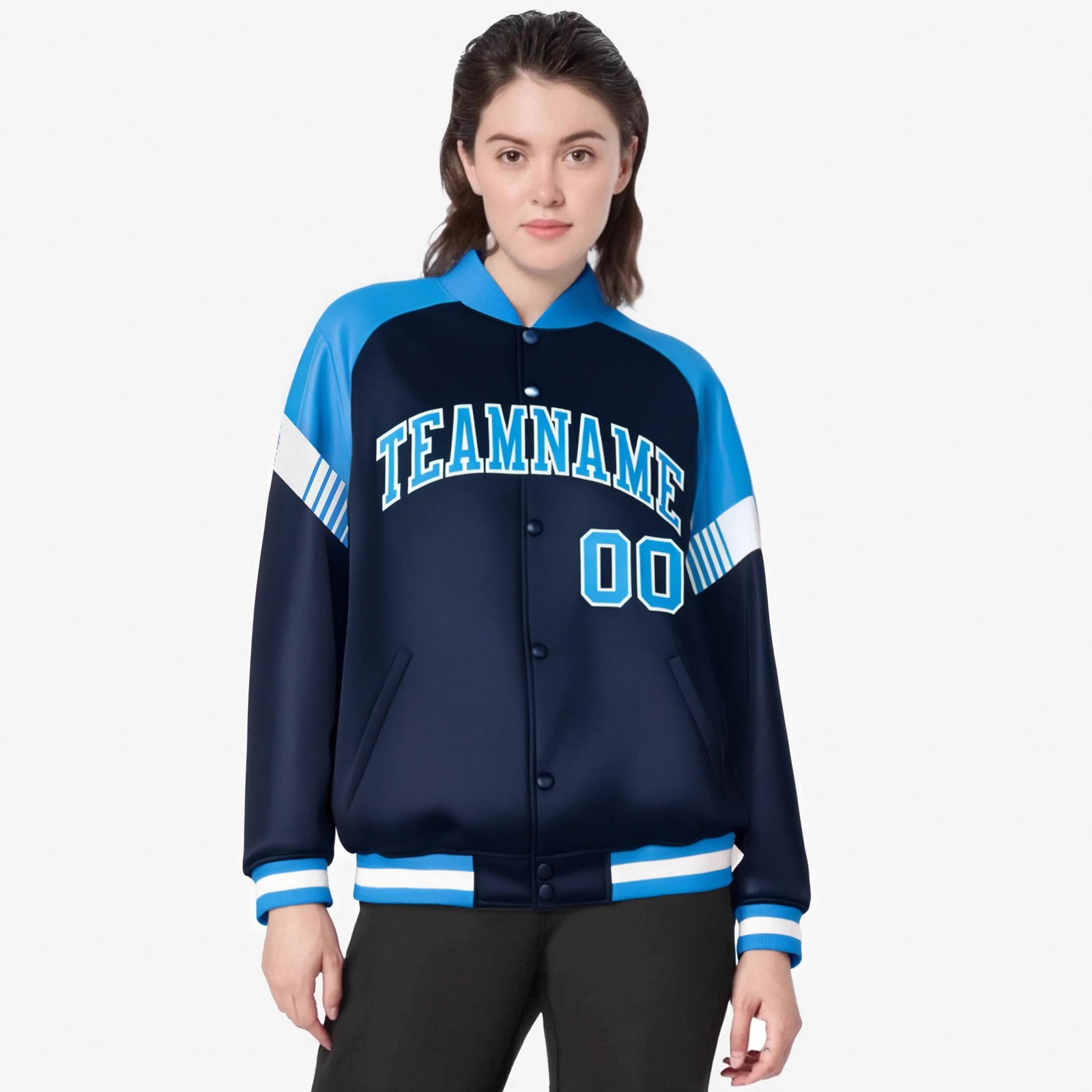 Custom Navy Powder Blue-White Varsity Full-Snap Color Block Letterman Jacket
