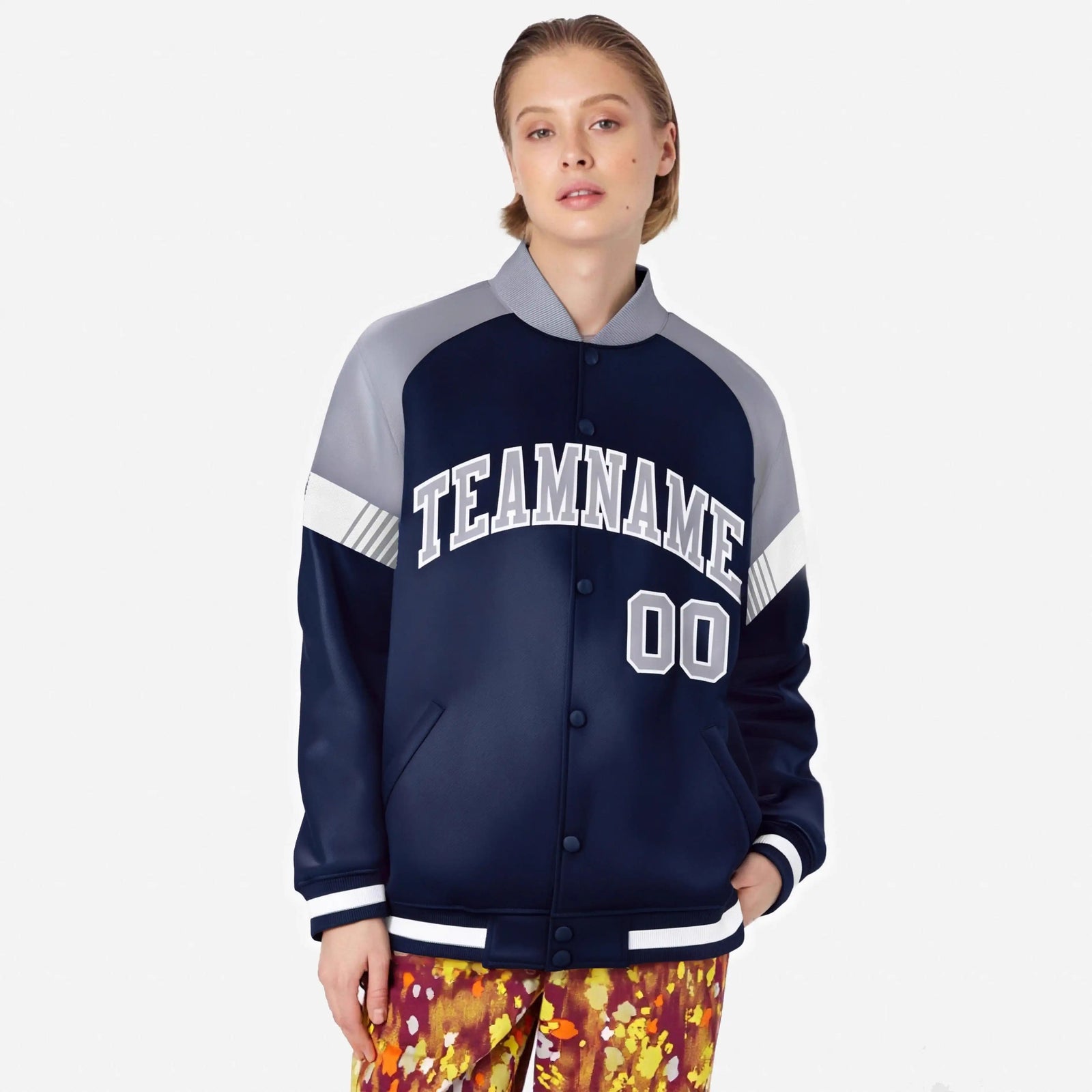 Custom Navy Gray-White Varsity Full-Snap Color Block Letterman Jacket