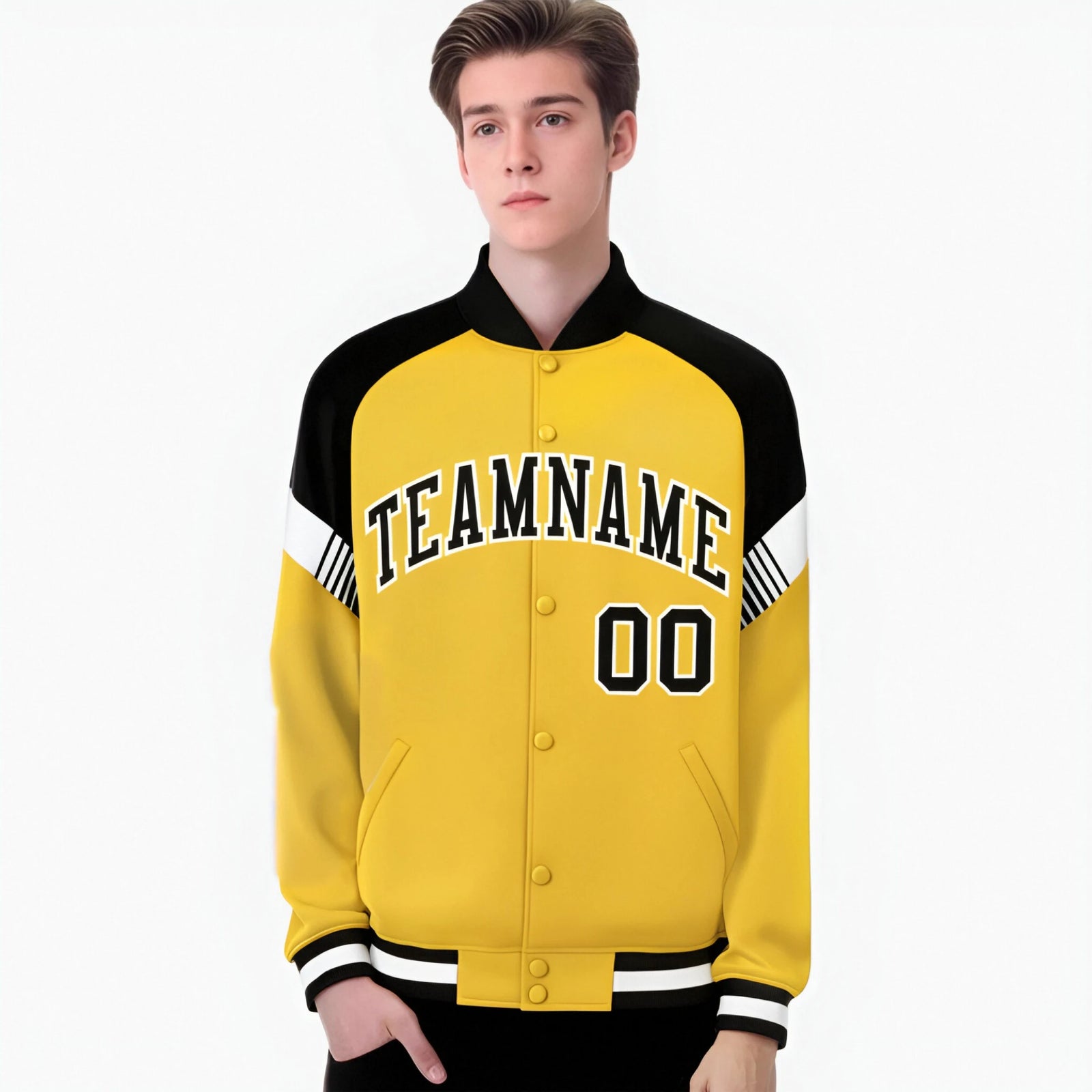 Custom Gold Black-White Varsity Full-Snap Color Block Letterman Jacket