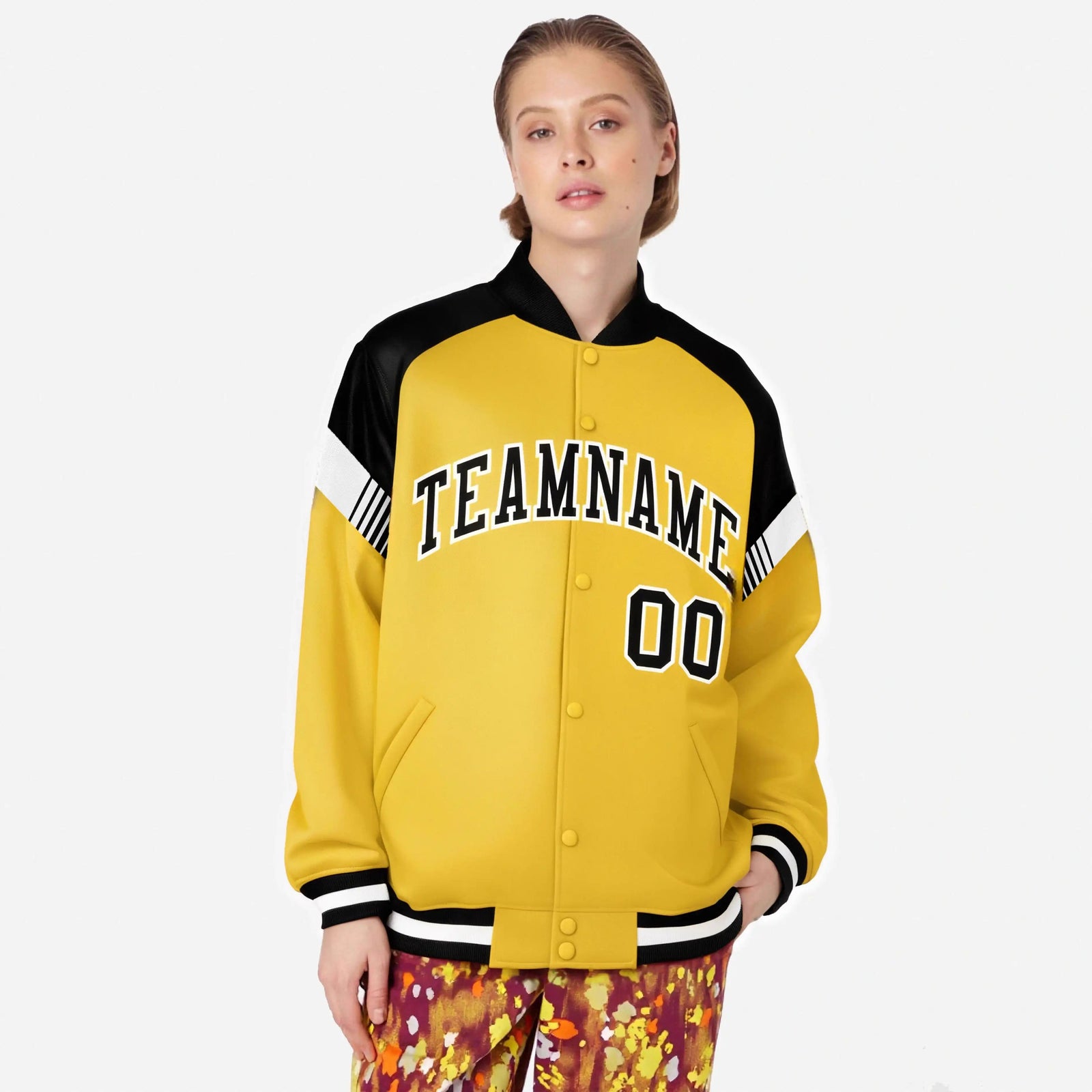 Custom Gold Black-White Varsity Full-Snap Color Block Letterman Jacket