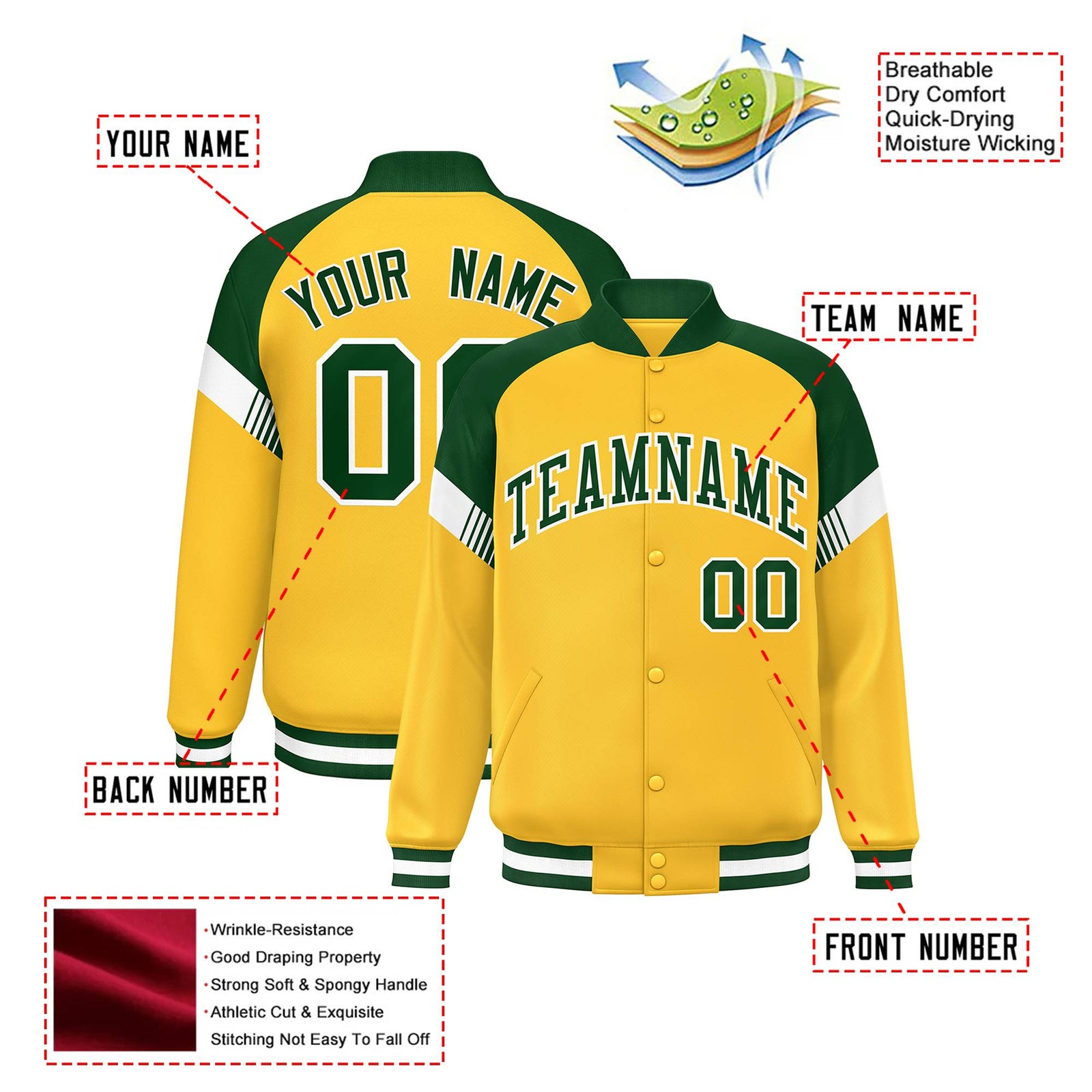 Custom Gold Green-White Varsity Full-Snap Color Block Letterman Jacket