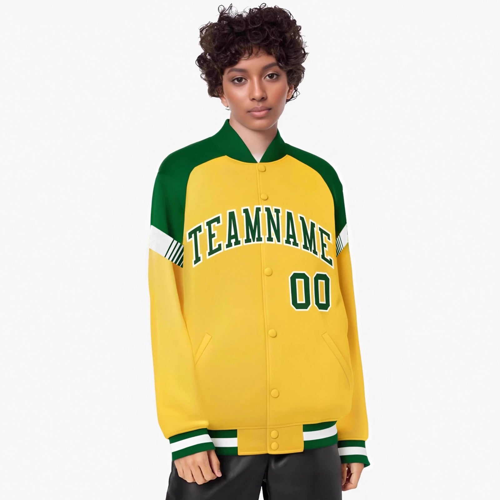Custom Gold Green-White Varsity Full-Snap Color Block Letterman Jacket