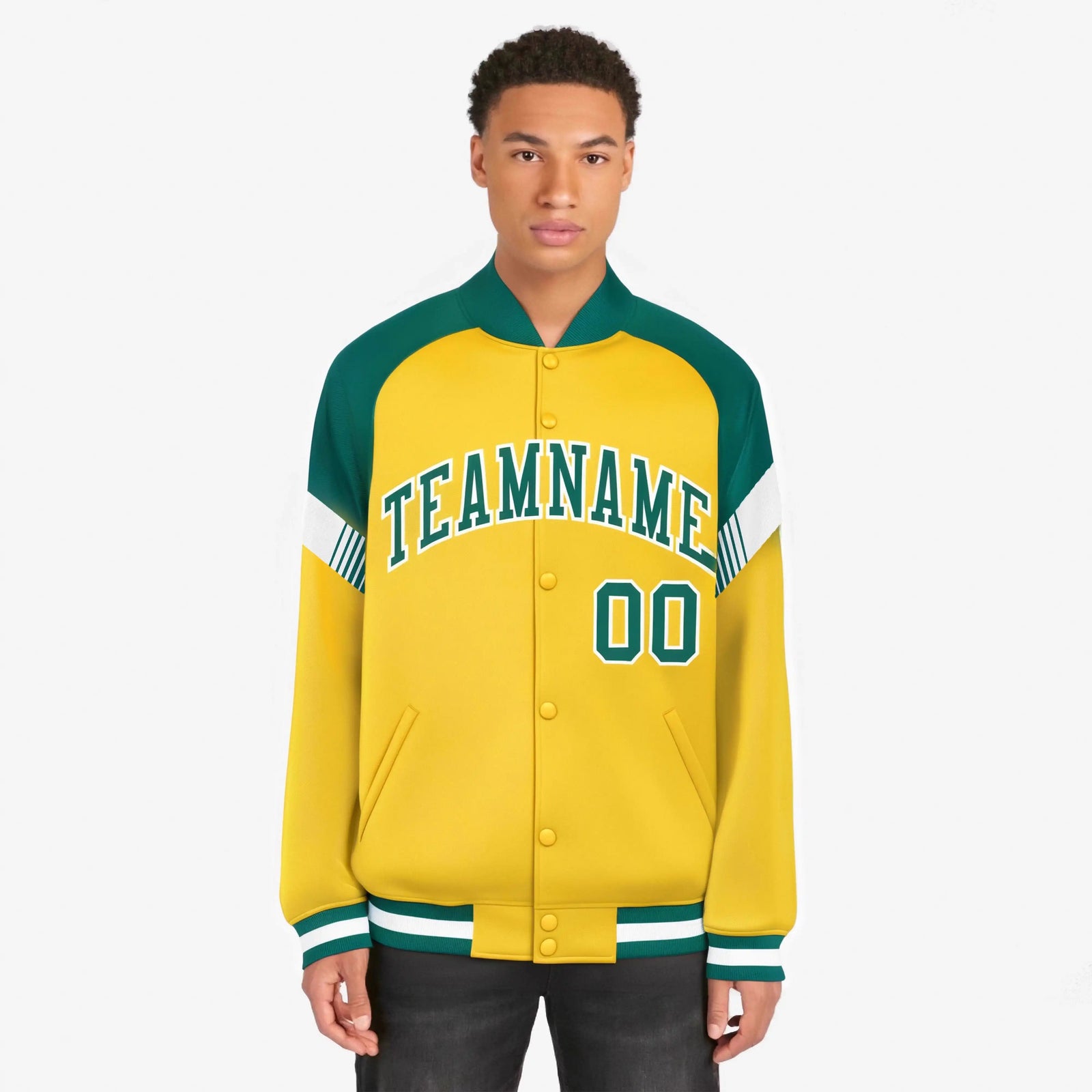 Custom Gold Aqua-White Varsity Full-Snap Color Block Letterman Jacket