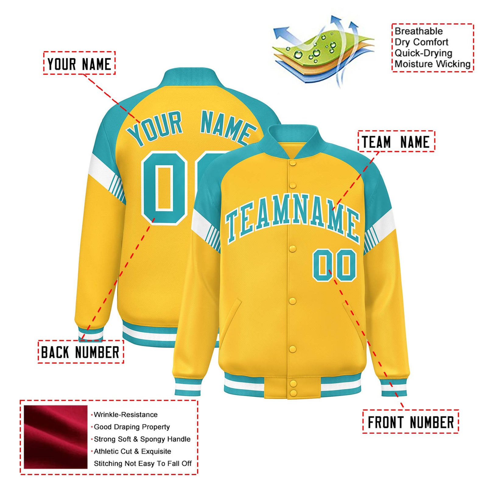 Custom Gold Aqua-White Varsity Full-Snap Color Block Letterman Jacket