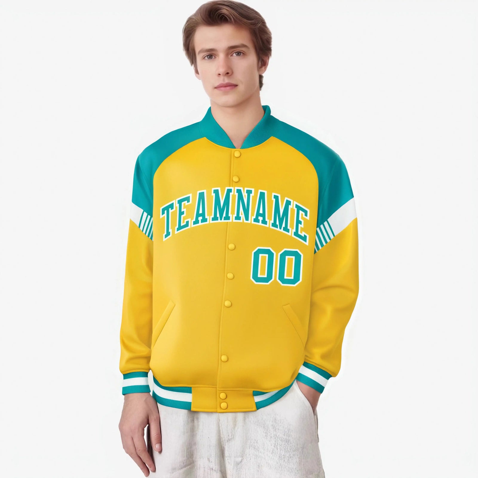 Custom Gold Aqua-White Varsity Full-Snap Color Block Letterman Jacket