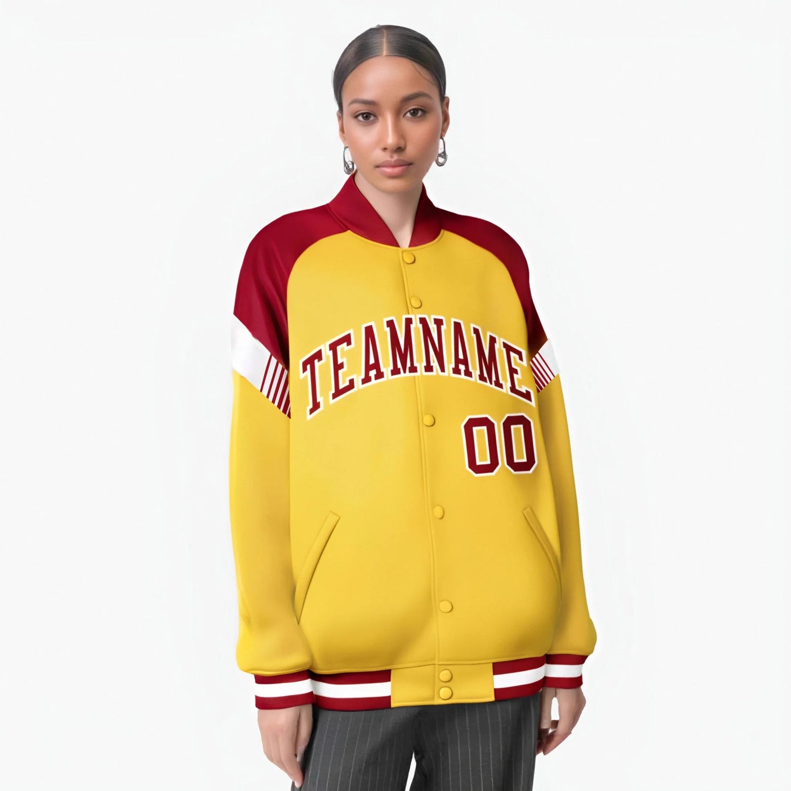 Custom Gold Red-White Varsity Full-Snap Color Block Letterman Jacket