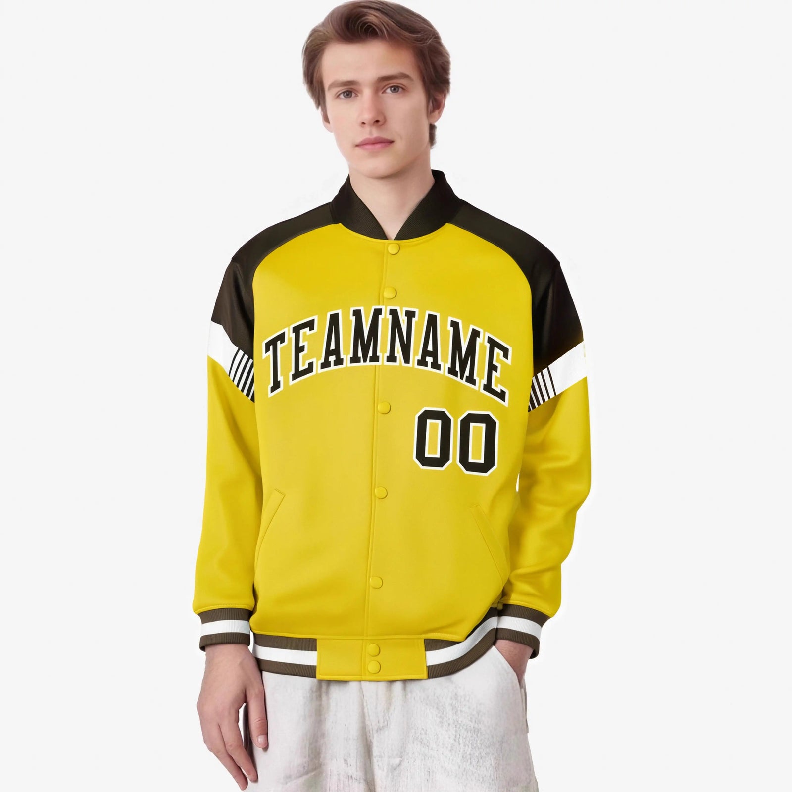 Custom Gold Brown-White Varsity Full-Snap Color Block Letterman Jacket