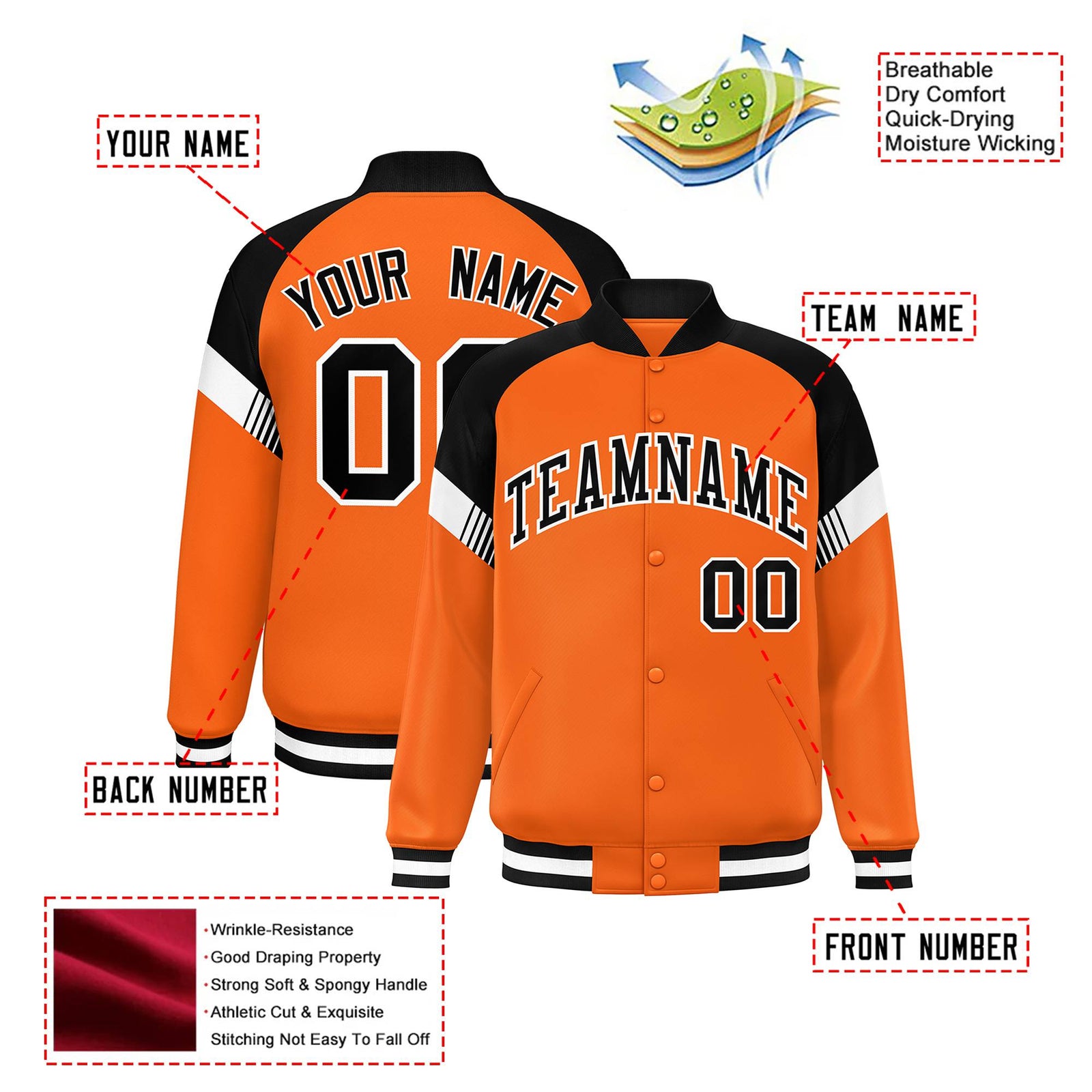Custom Orange Black-White Varsity Full-Snap Color Block Letterman Jacket