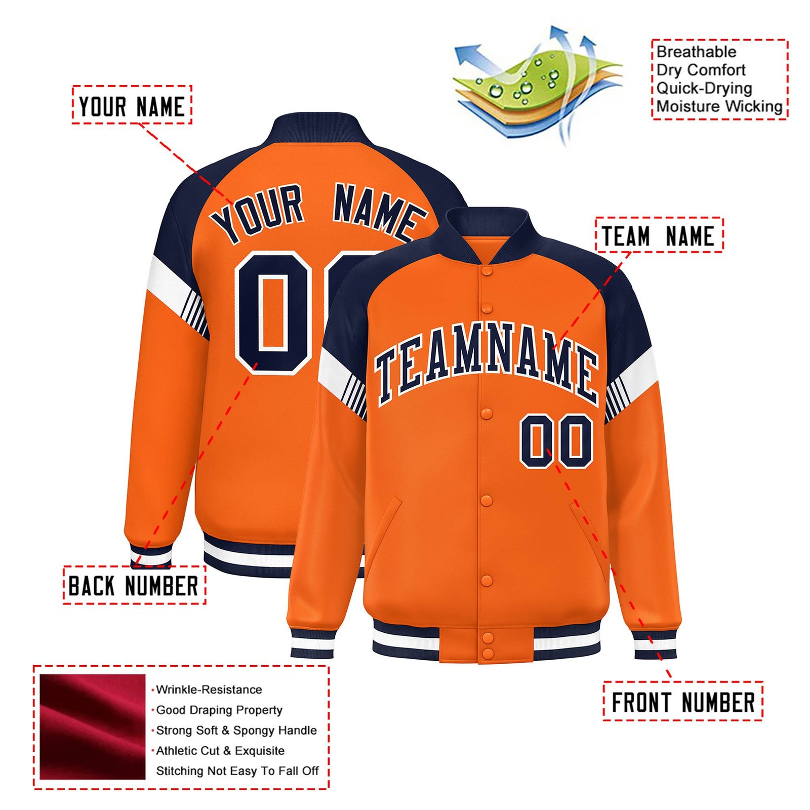 Custom Orange Navy-White Varsity Full-Snap Color Block Letterman Jacket