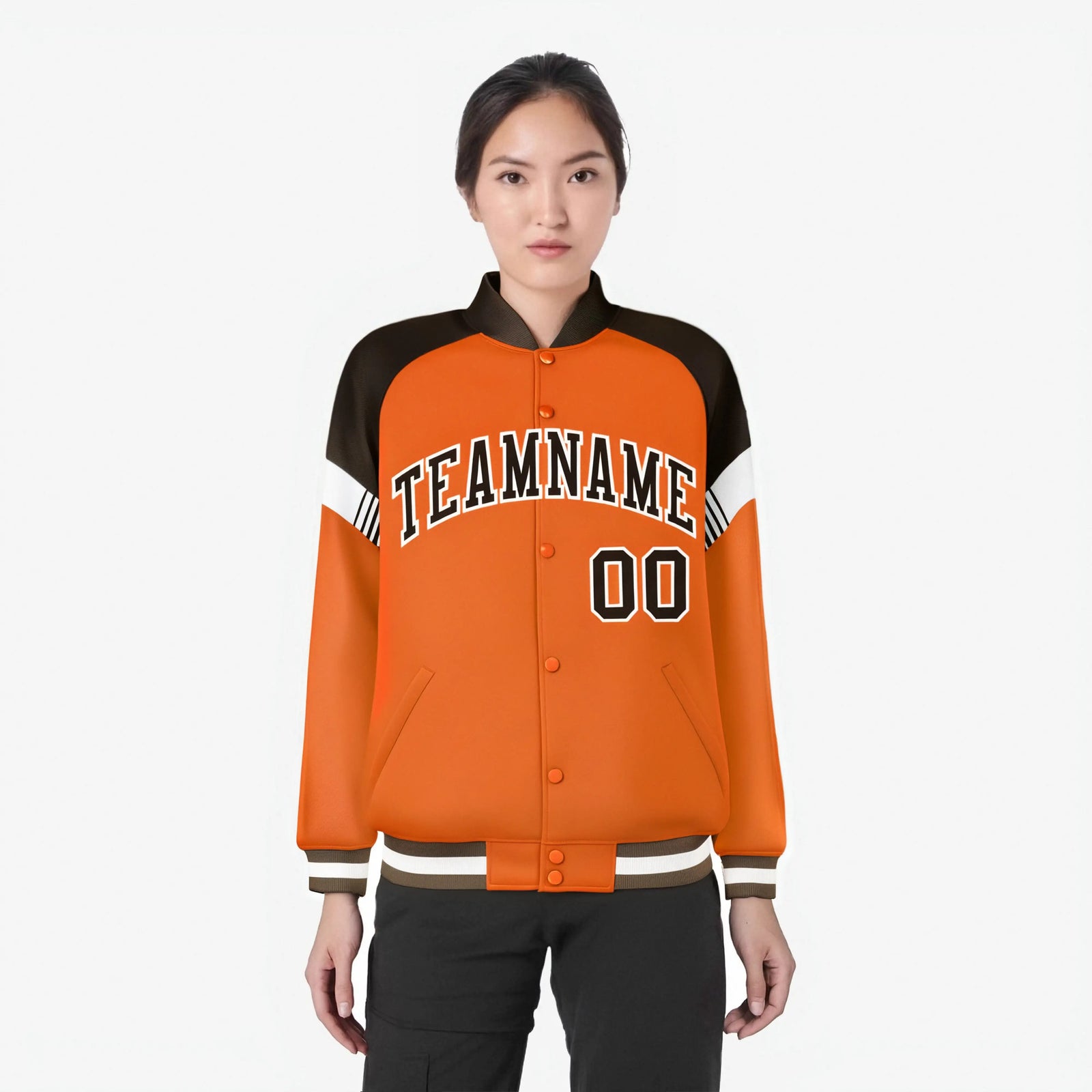 Custom Orange Brown-White Varsity Full-Snap Color Block Letterman Jacket