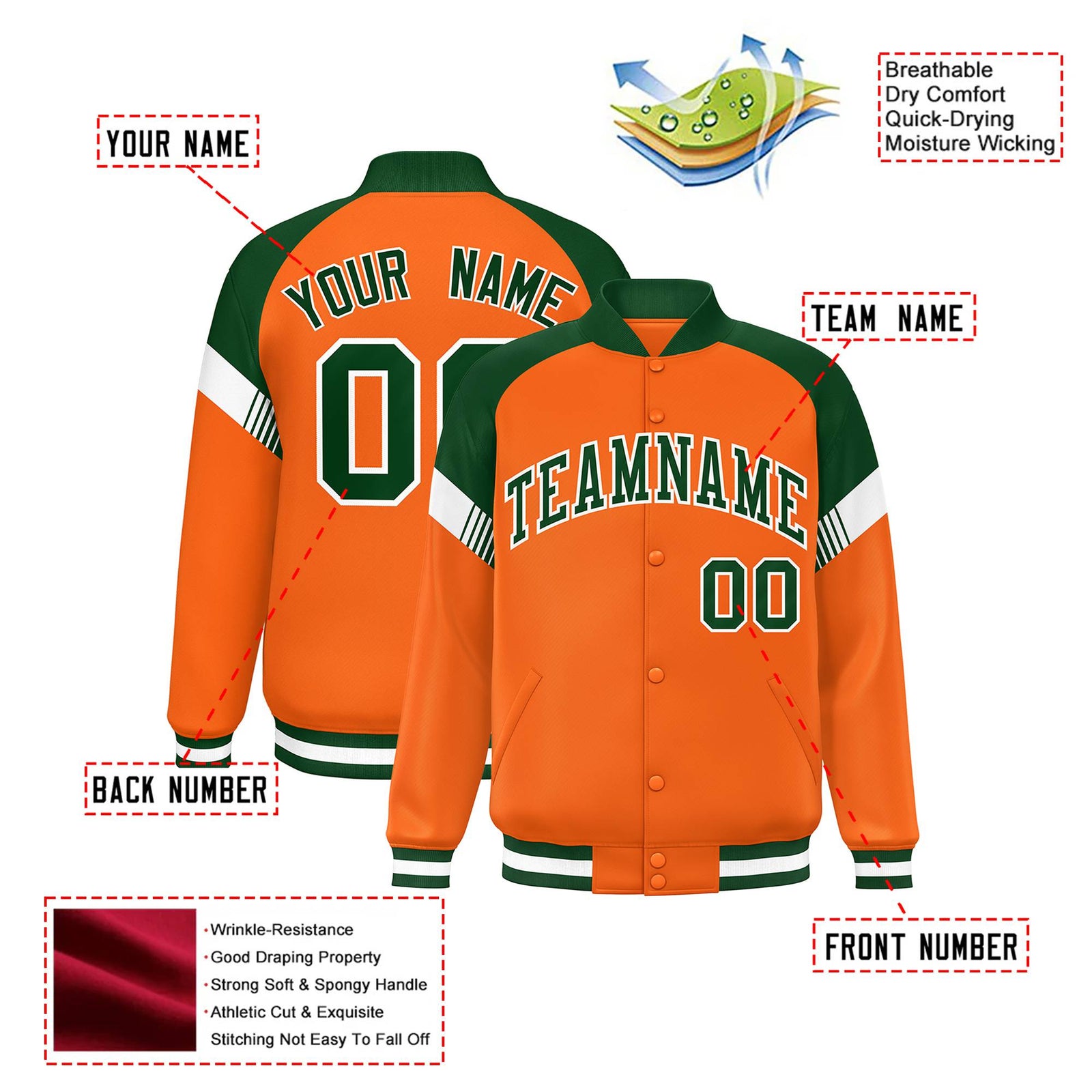 Custom Orange Green-White Varsity Full-Snap Color Block Letterman Jacket