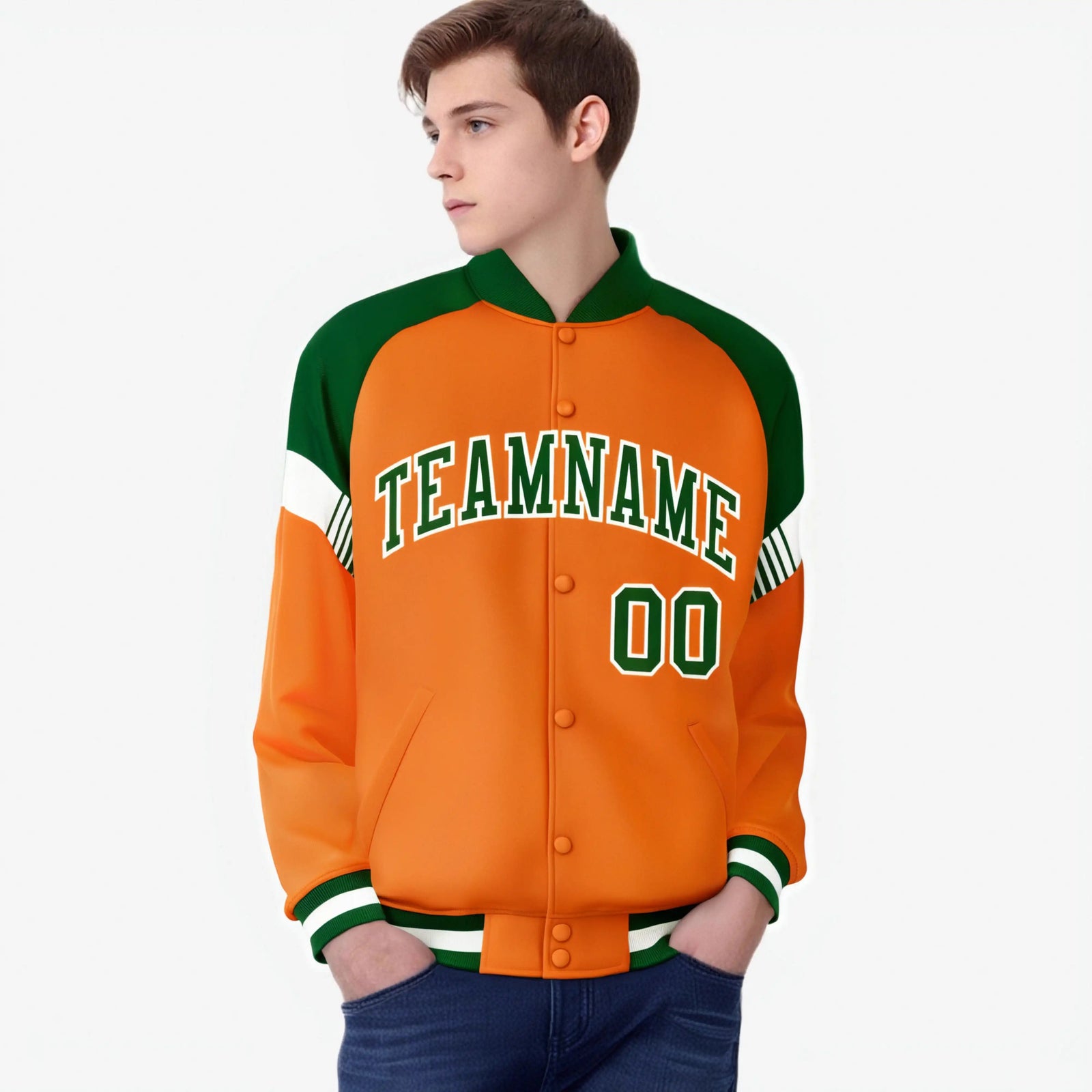 Custom Orange Green-White Varsity Full-Snap Color Block Letterman Jacket