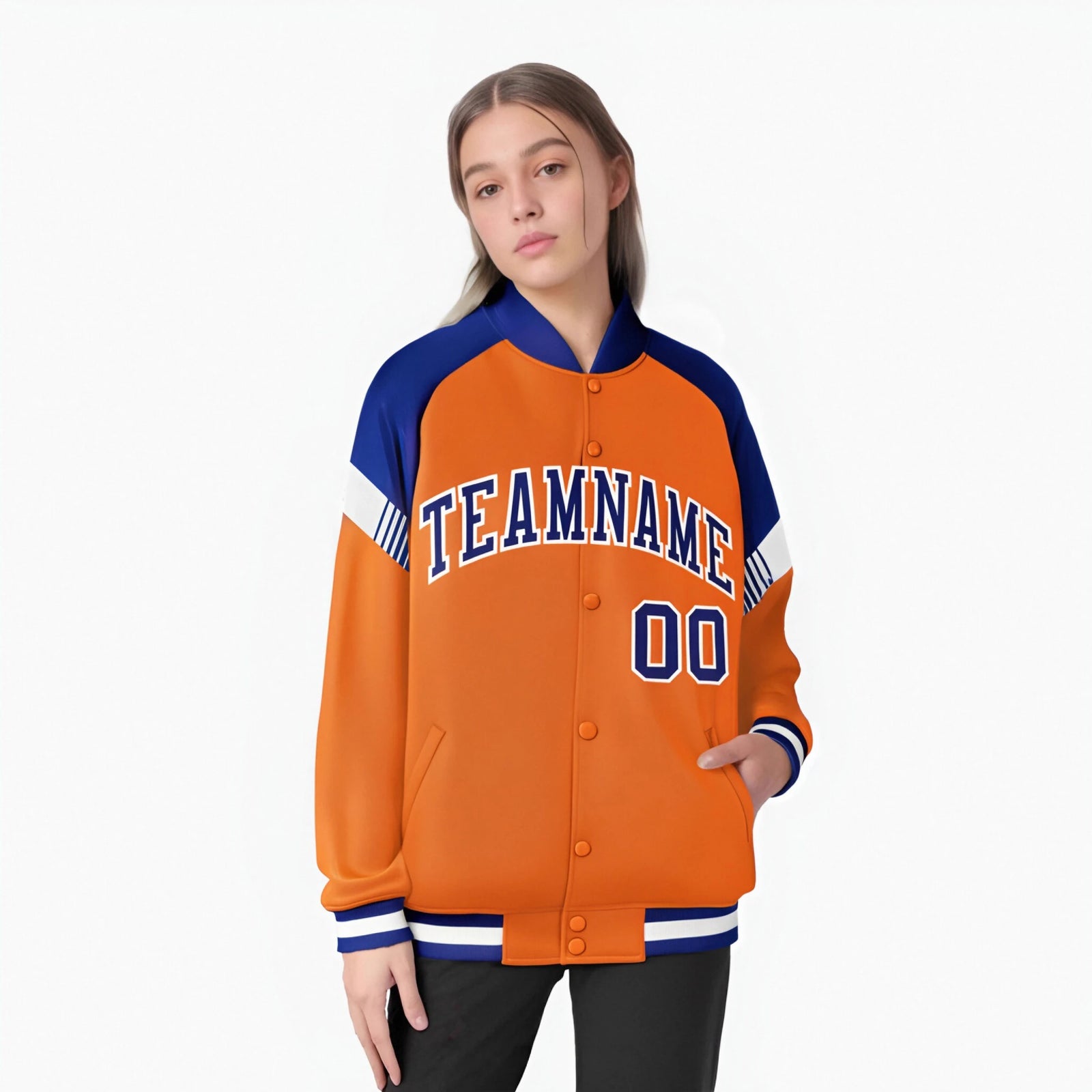 Custom Orange Royal Blue-White Varsity Full-Snap Color Block Letterman Jacket
