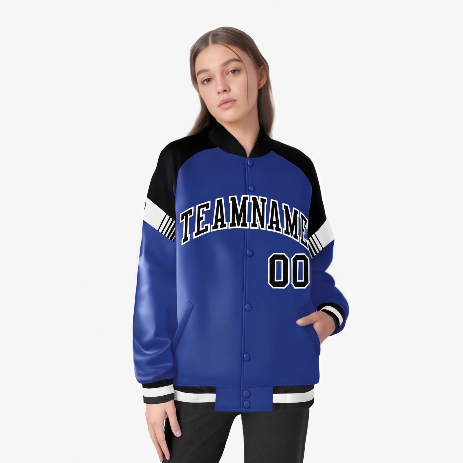 Custom Royal Blue Black-White Varsity Full-Snap Color Block Letterman Jacket