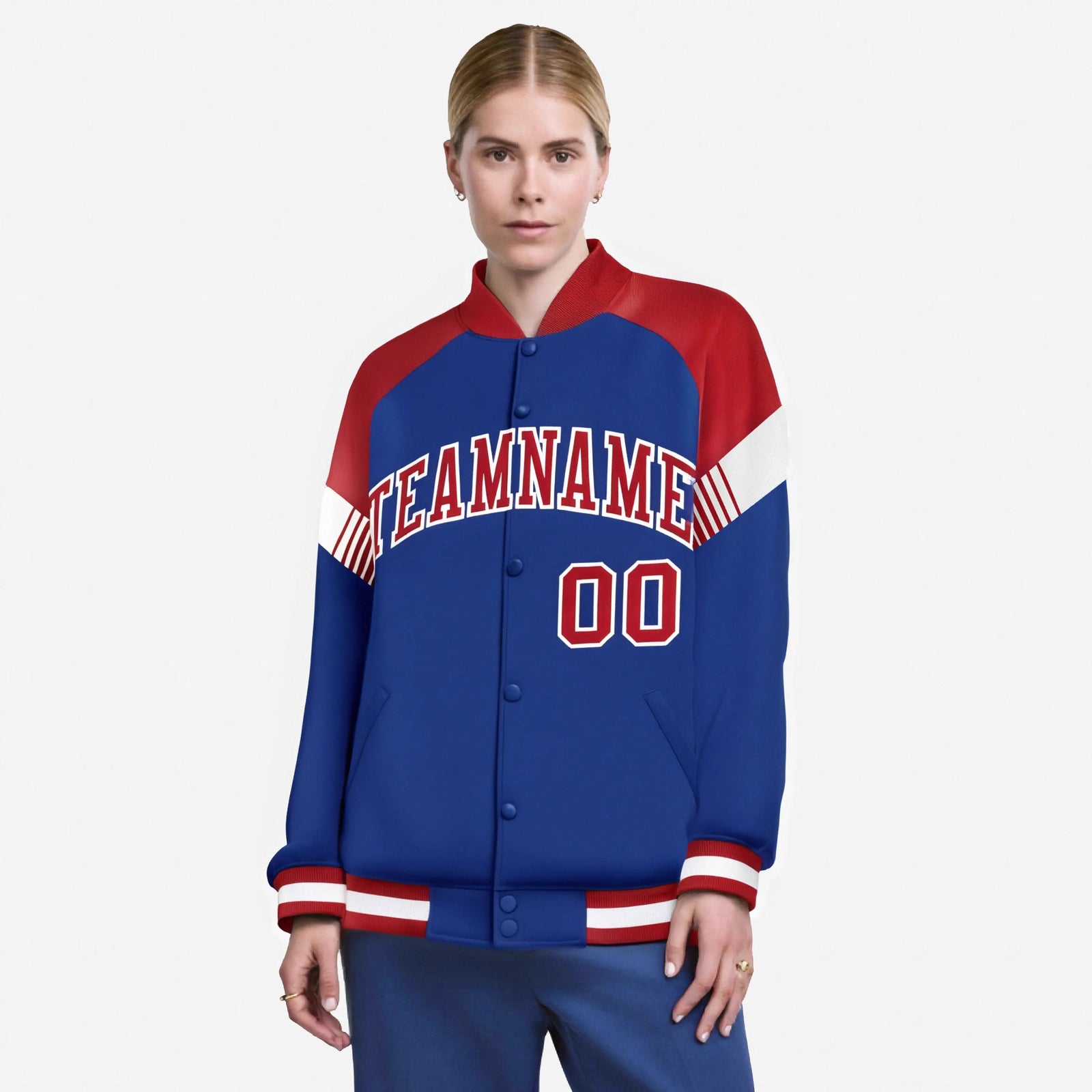 Custom Royal Blue Red-White Varsity Full-Snap Color Block Letterman Jacket