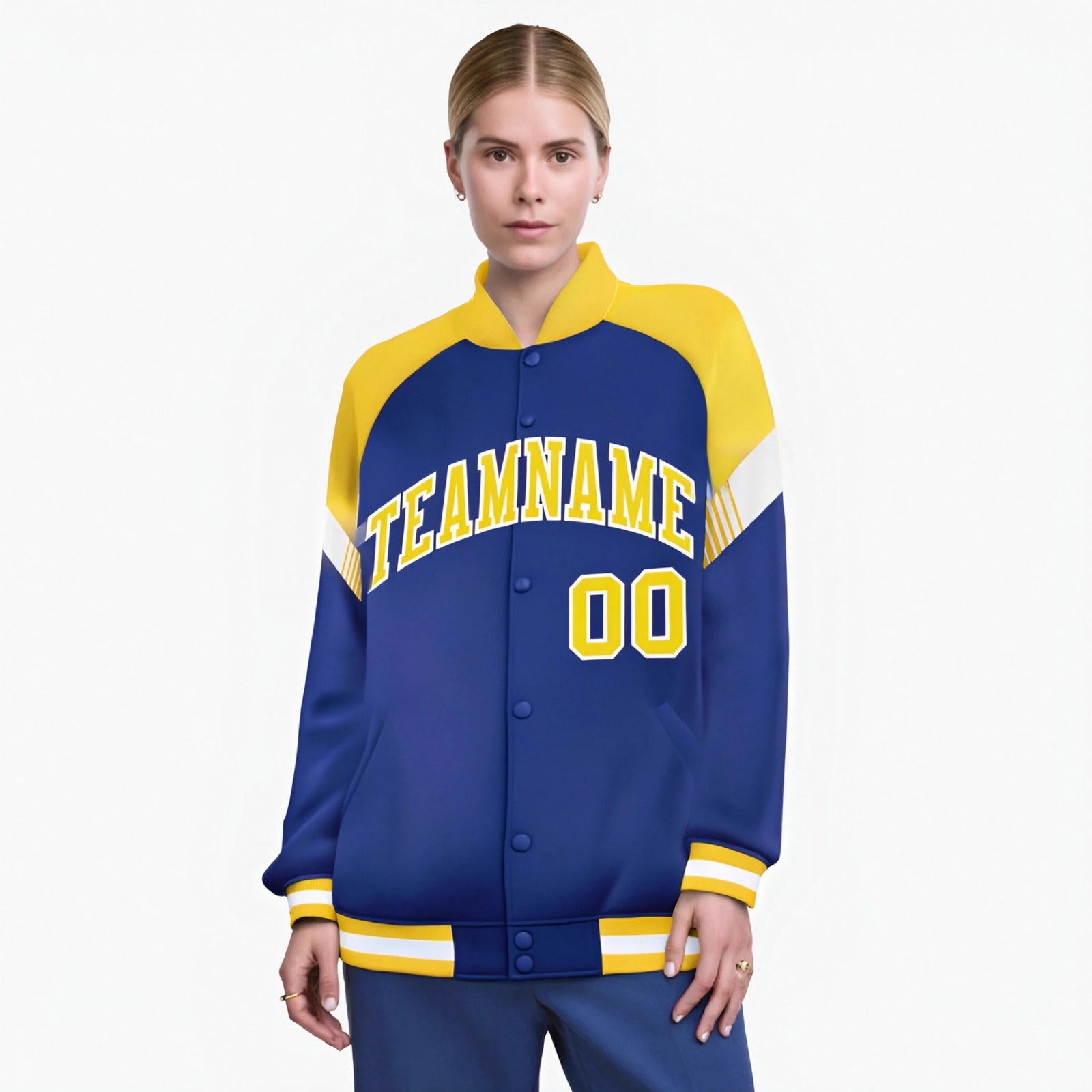 Custom Royal Blue Gold-White Varsity Full-Snap Color Block Letterman Jacket