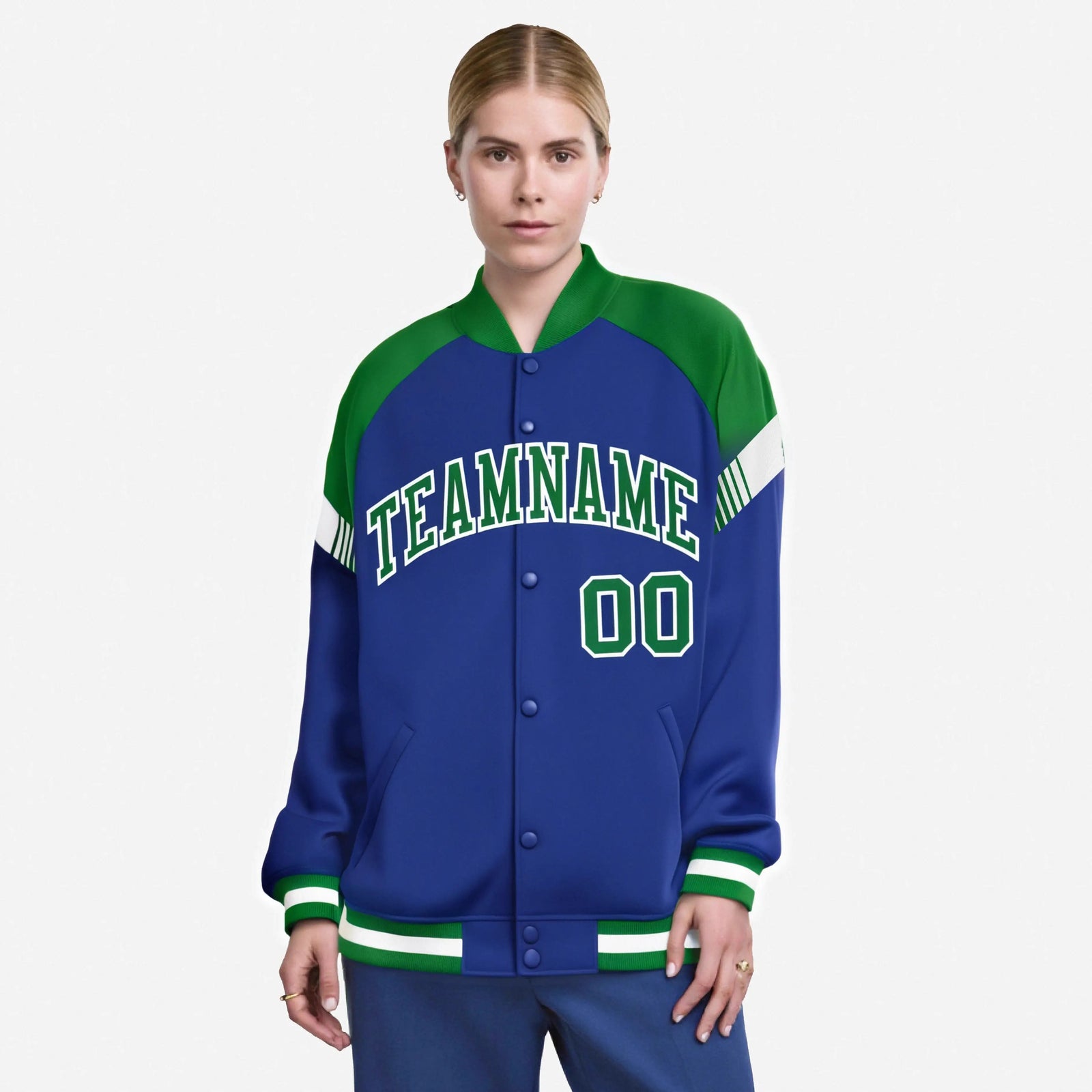 Custom Royal Blue Kelly Green-White Varsity Full-Snap Color Block Letterman Jacket