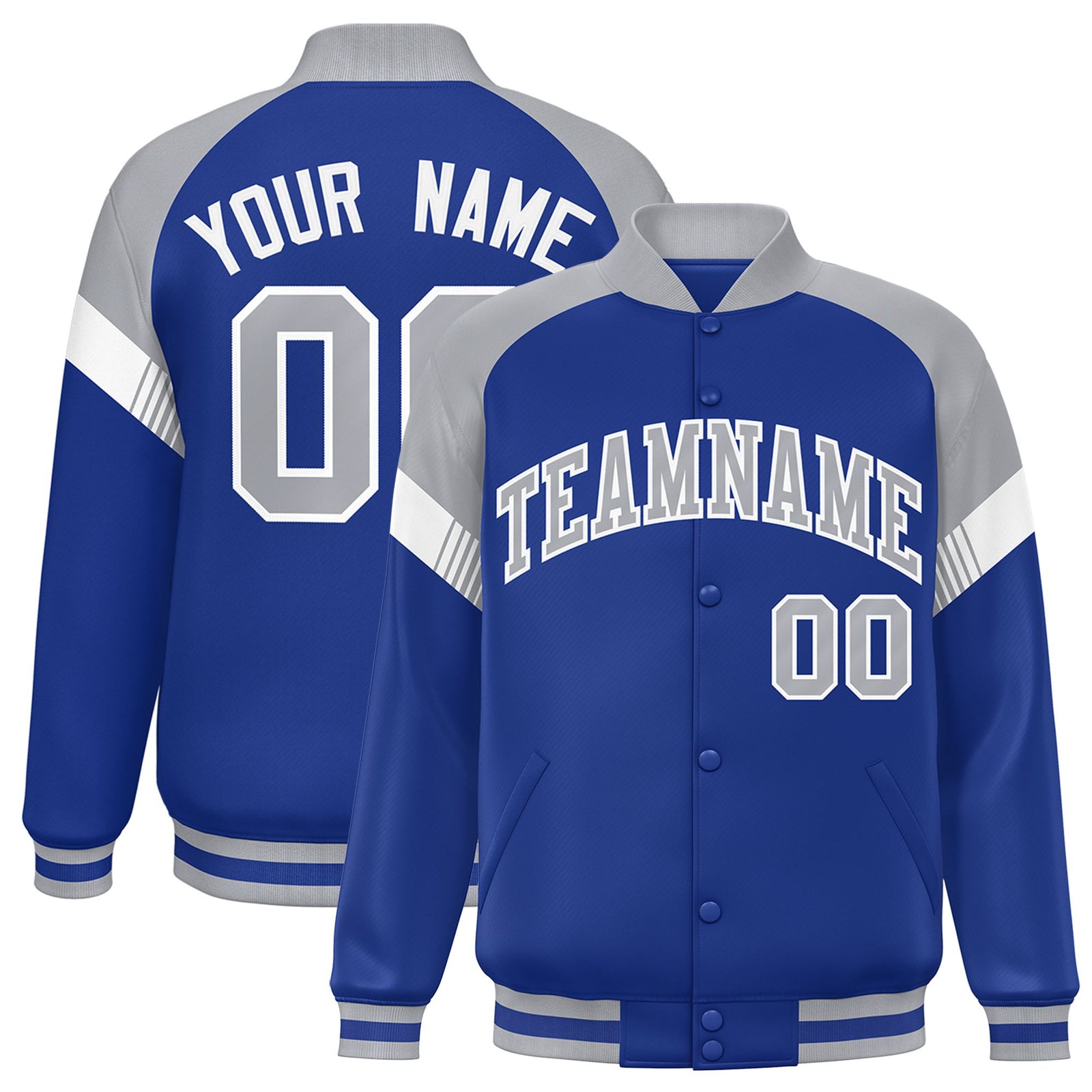 Custom Royal Blue Gray-White Varsity Full-Snap Color Block Letterman Jacket