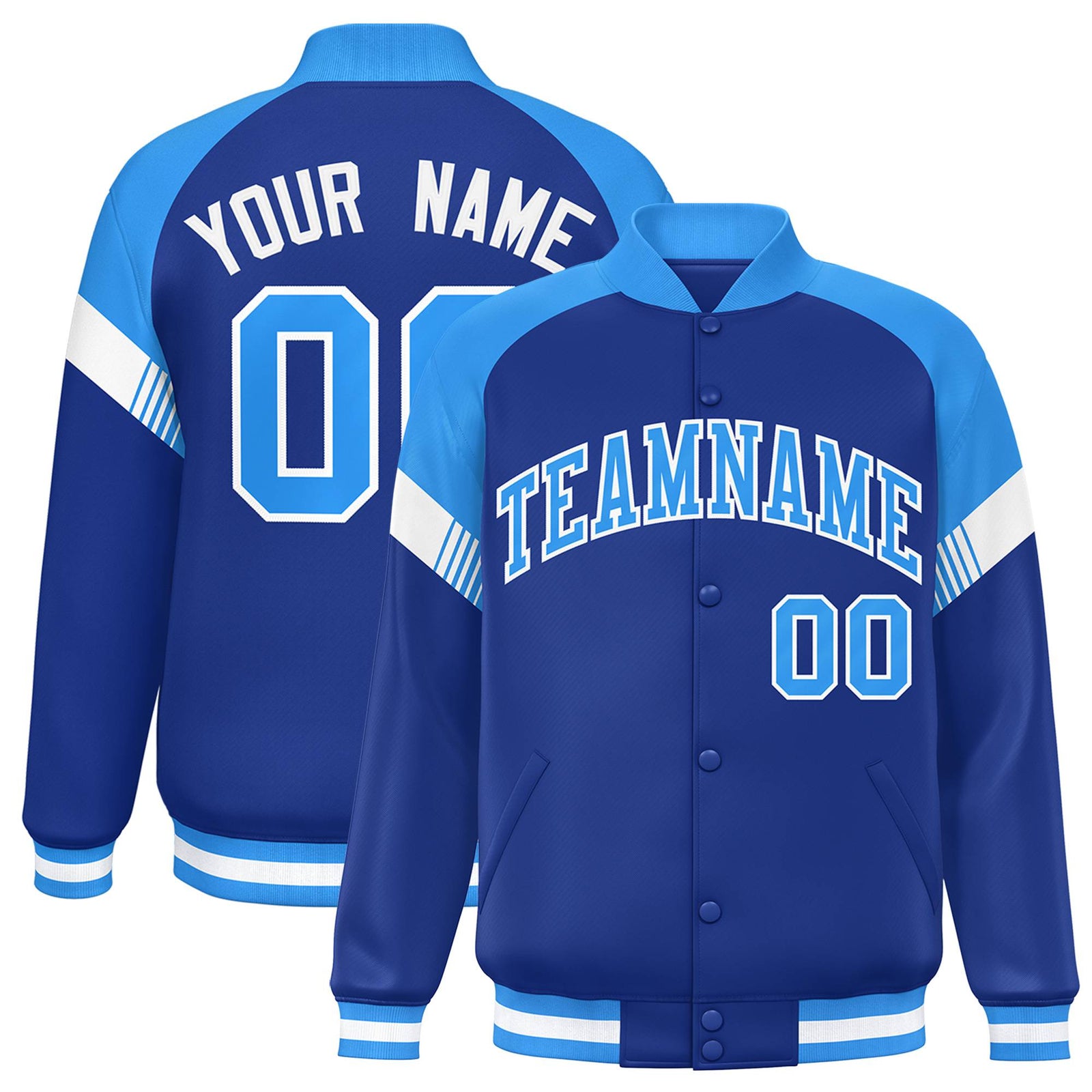 Custom Royal Blue Powder Blue-White Varsity Full-Snap Color Block Letterman Jacket