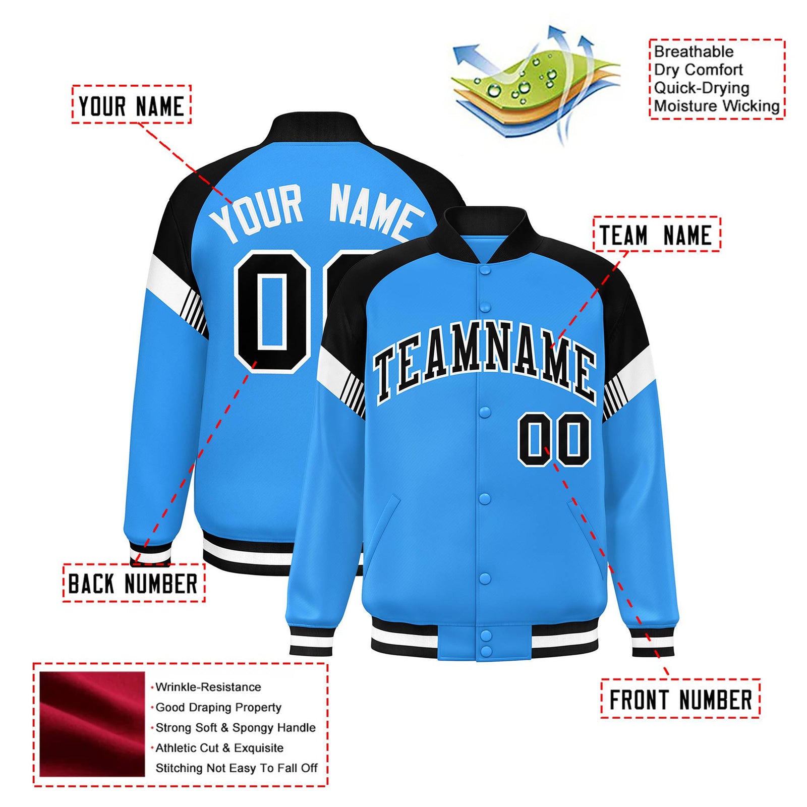 Custom Powder Blue Black-White Varsity Full-Snap Color Block Letterman Jacket