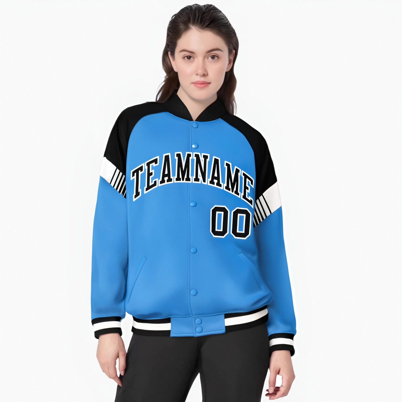 Custom Powder Blue Black-White Varsity Full-Snap Color Block Letterman Jacket