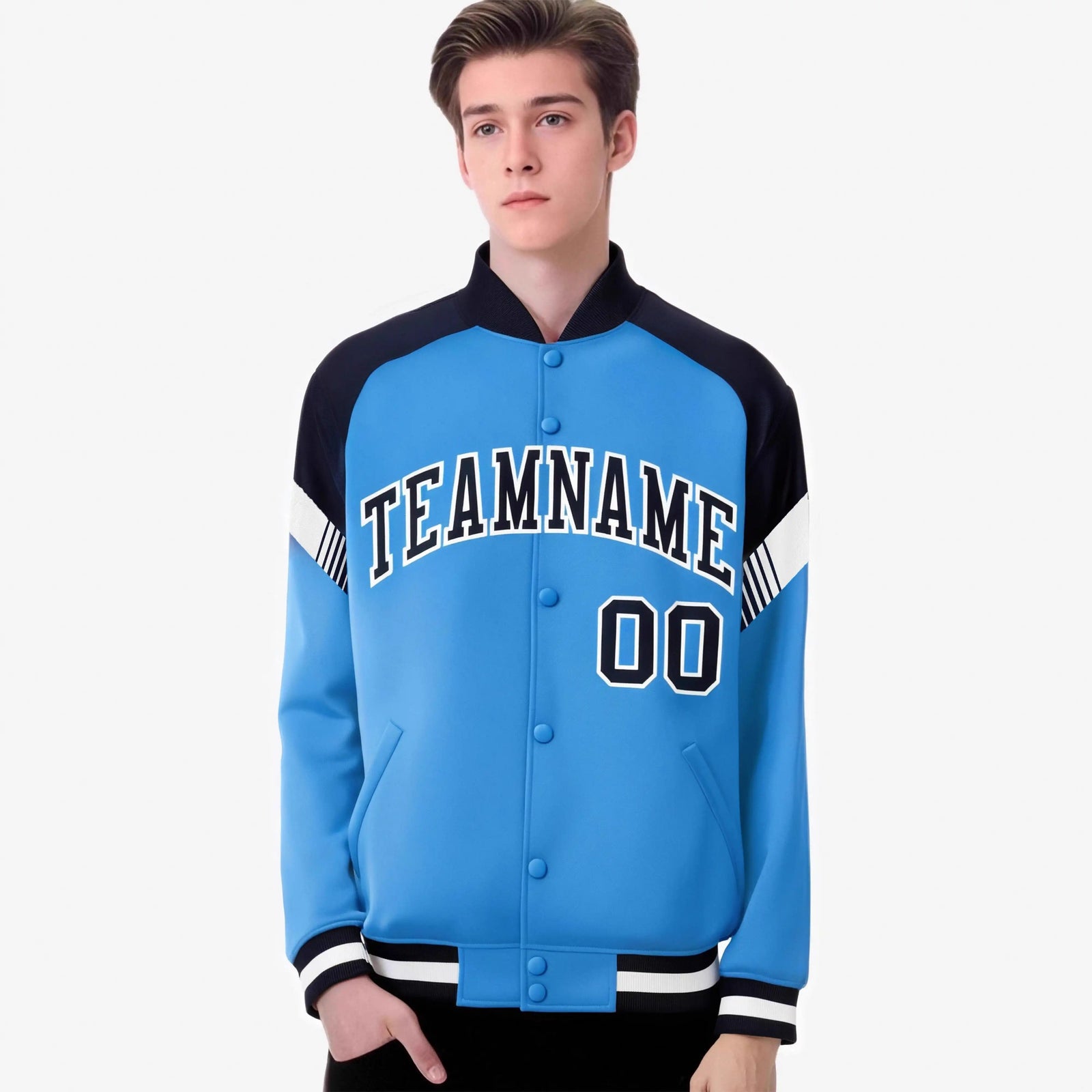 Custom Powder Blue Navy-White Varsity Full-Snap Color Block Letterman Jacket