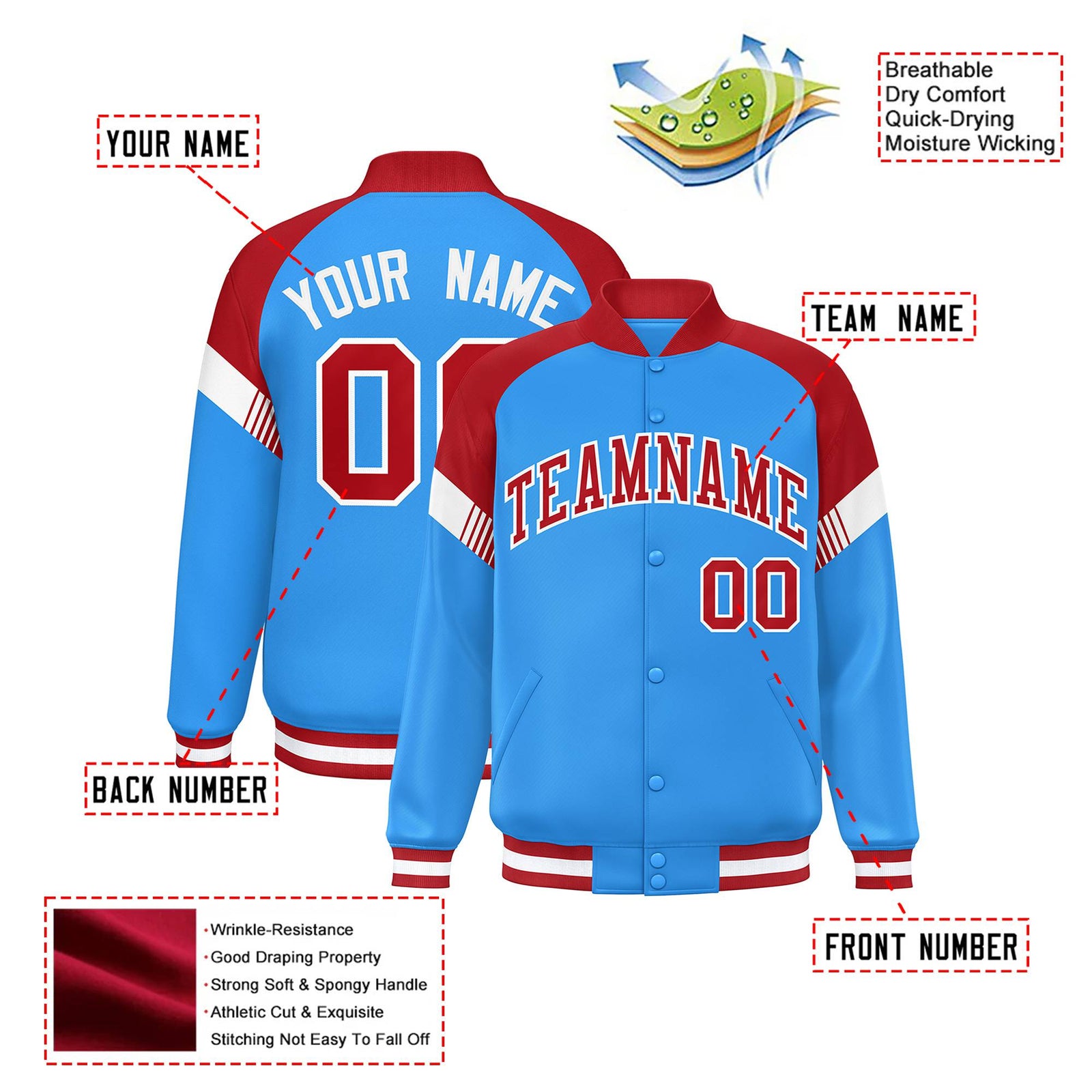 Custom Powder Blue Red-White Varsity Full-Snap Color Block Letterman Jacket