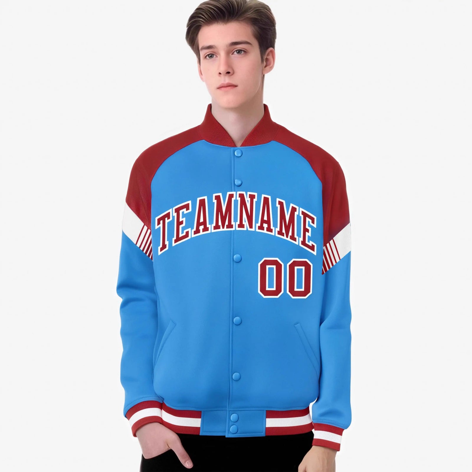 Custom Powder Blue Red-White Varsity Full-Snap Color Block Letterman Jacket