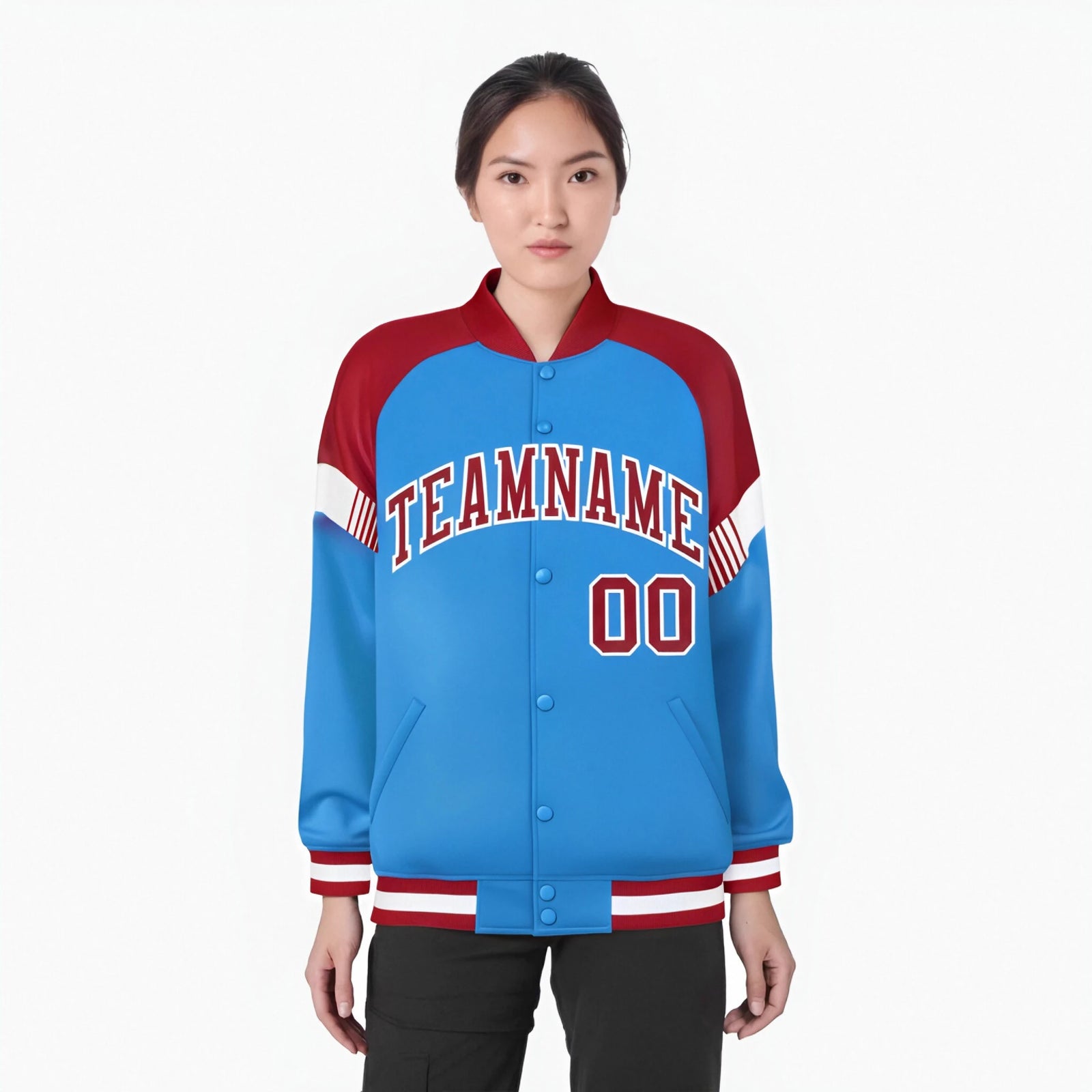 Custom Powder Blue Red-White Varsity Full-Snap Color Block Letterman Jacket