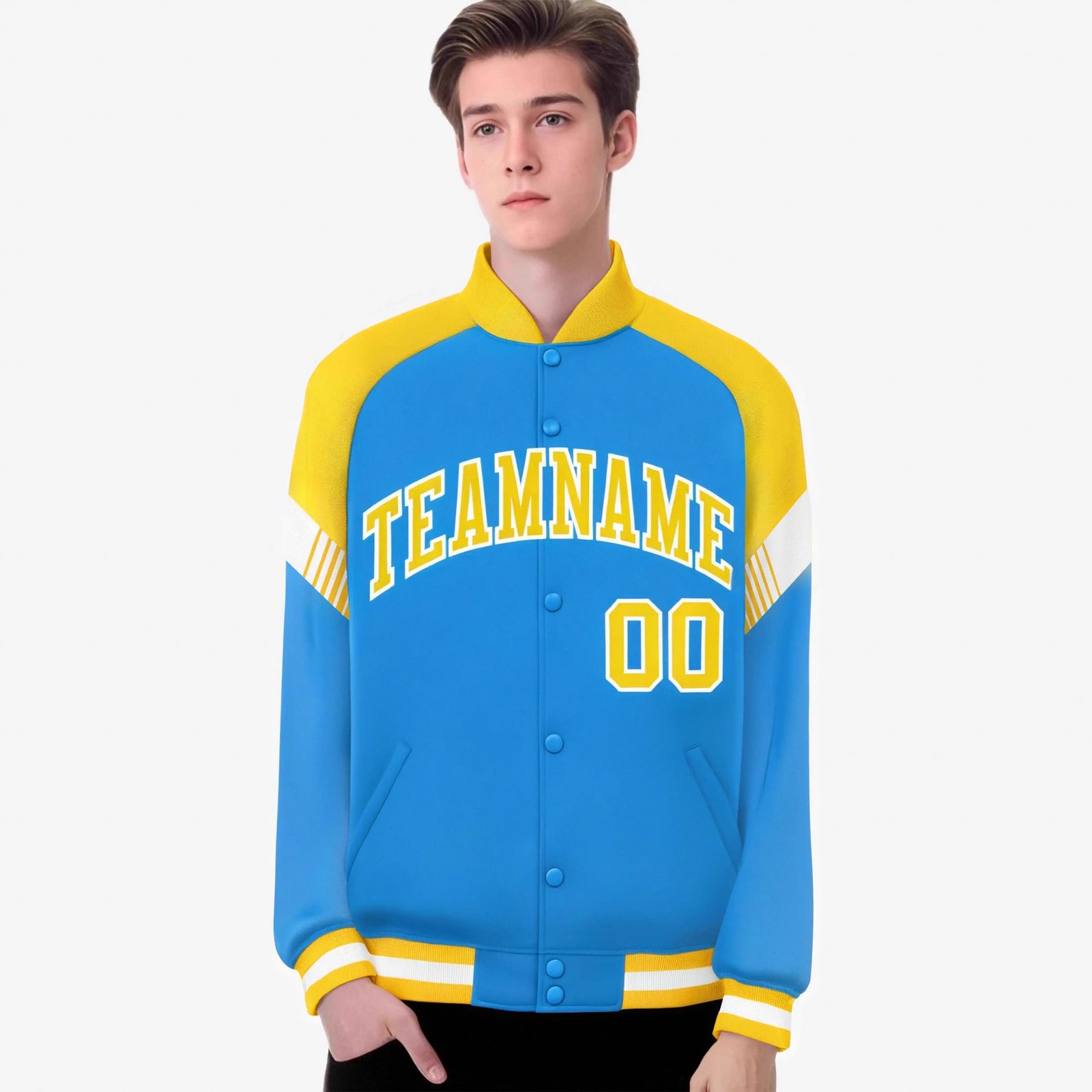 Custom Powder Blue Gold-White Varsity Full-Snap Color Block Letterman Jacket