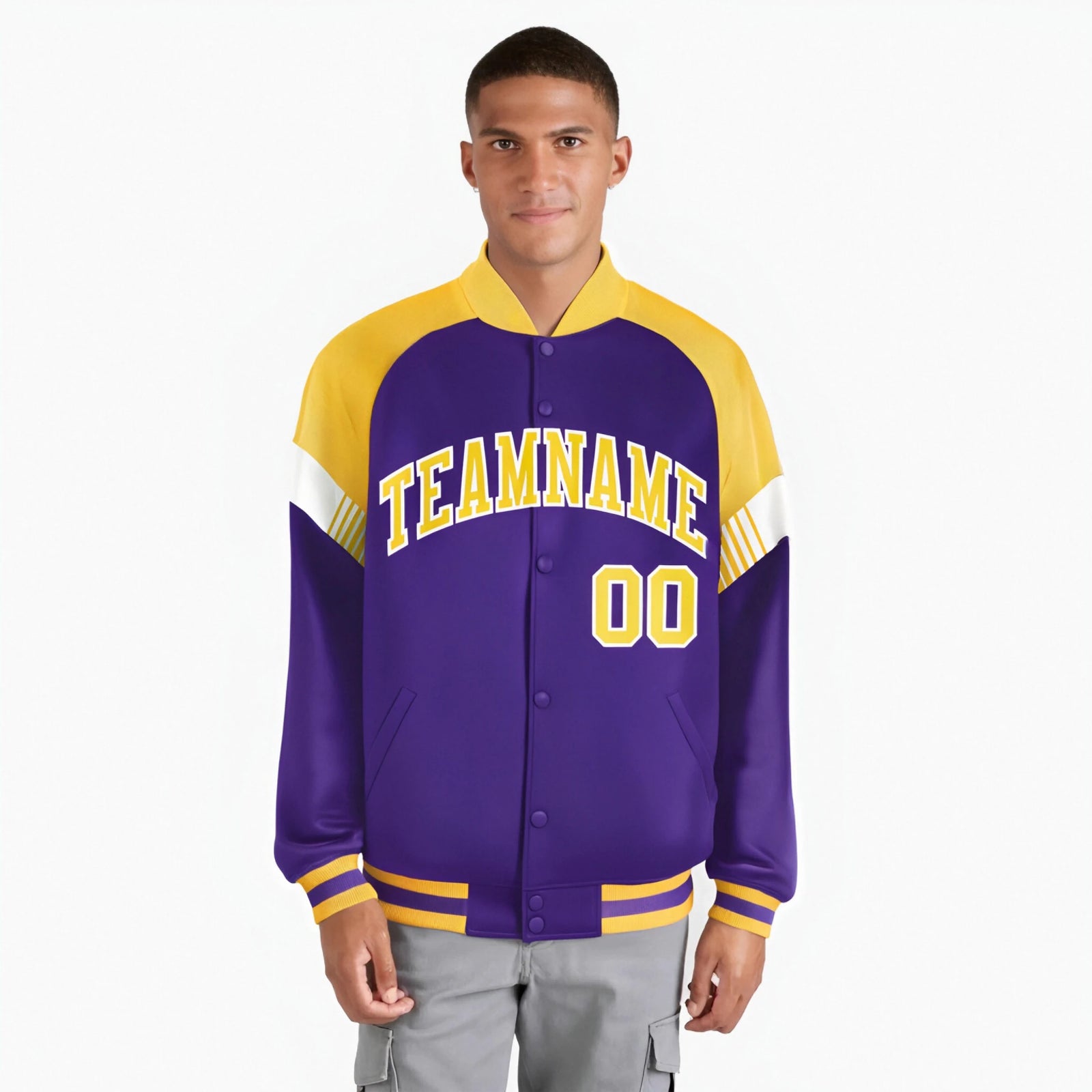 Custom Purple Gold-White Varsity Full-Snap Color Block Letterman Jacket