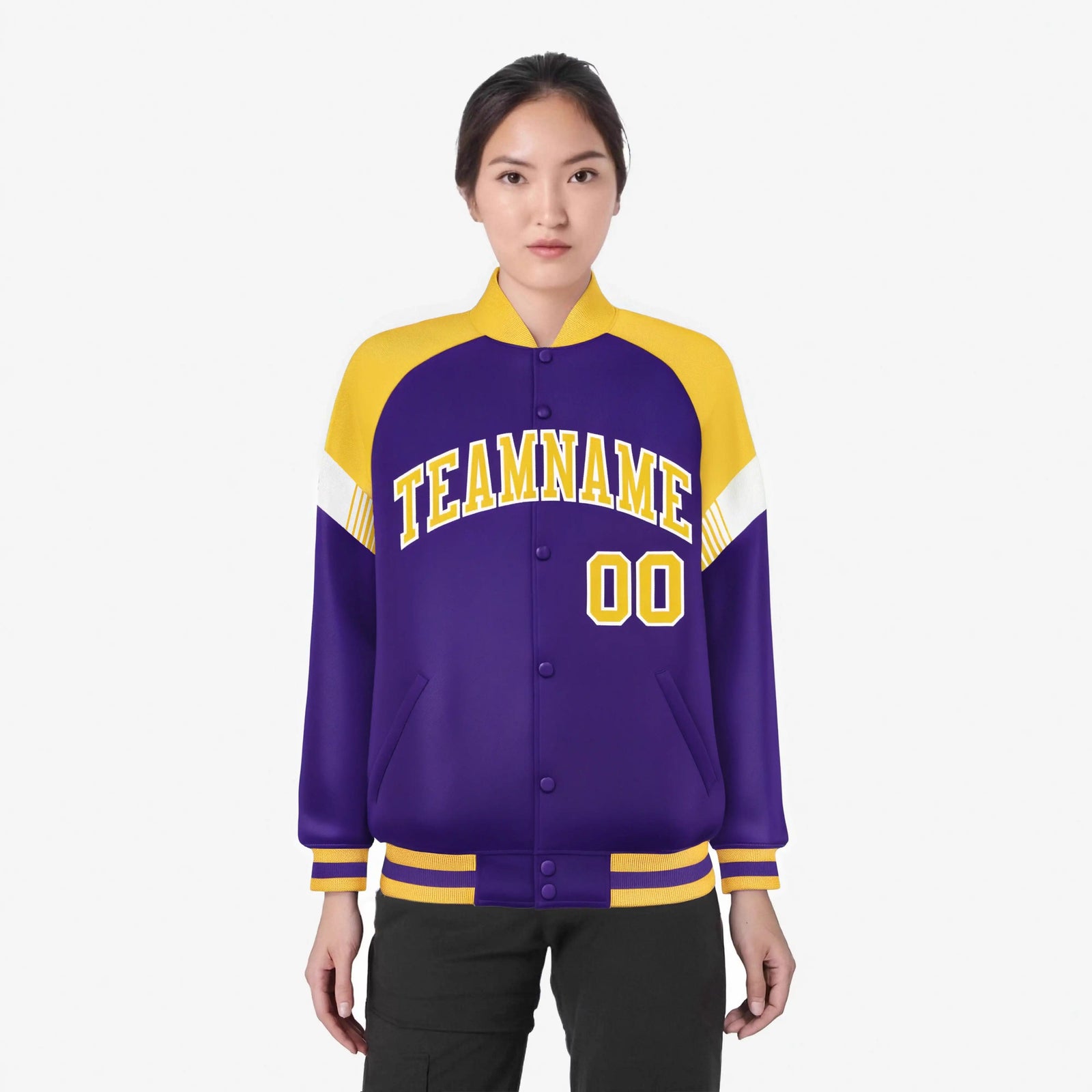 Custom Purple Gold-White Varsity Full-Snap Color Block Letterman Jacket