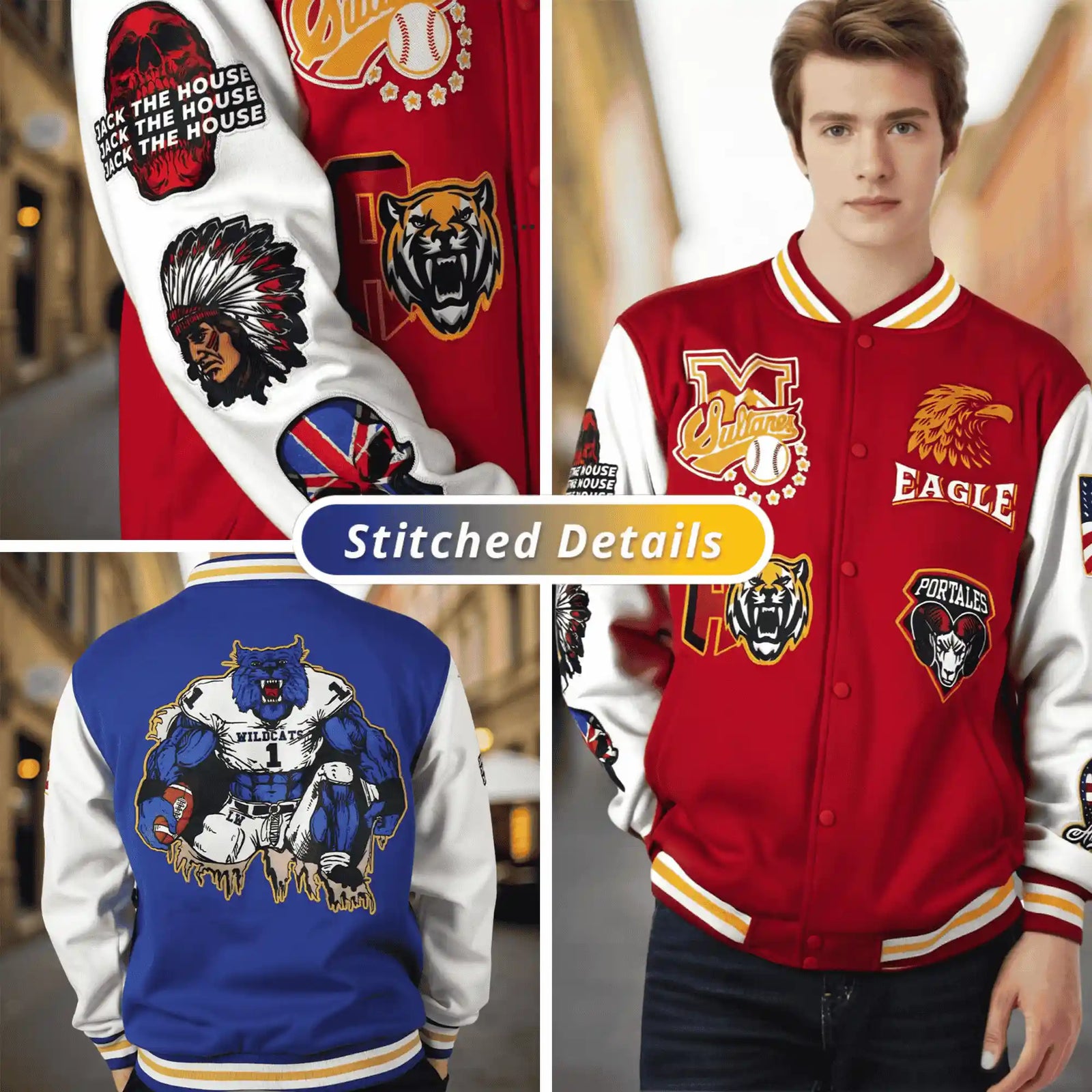Custom Purple Orange-White Varsity Full-Snap Color Block Letterman Jacket