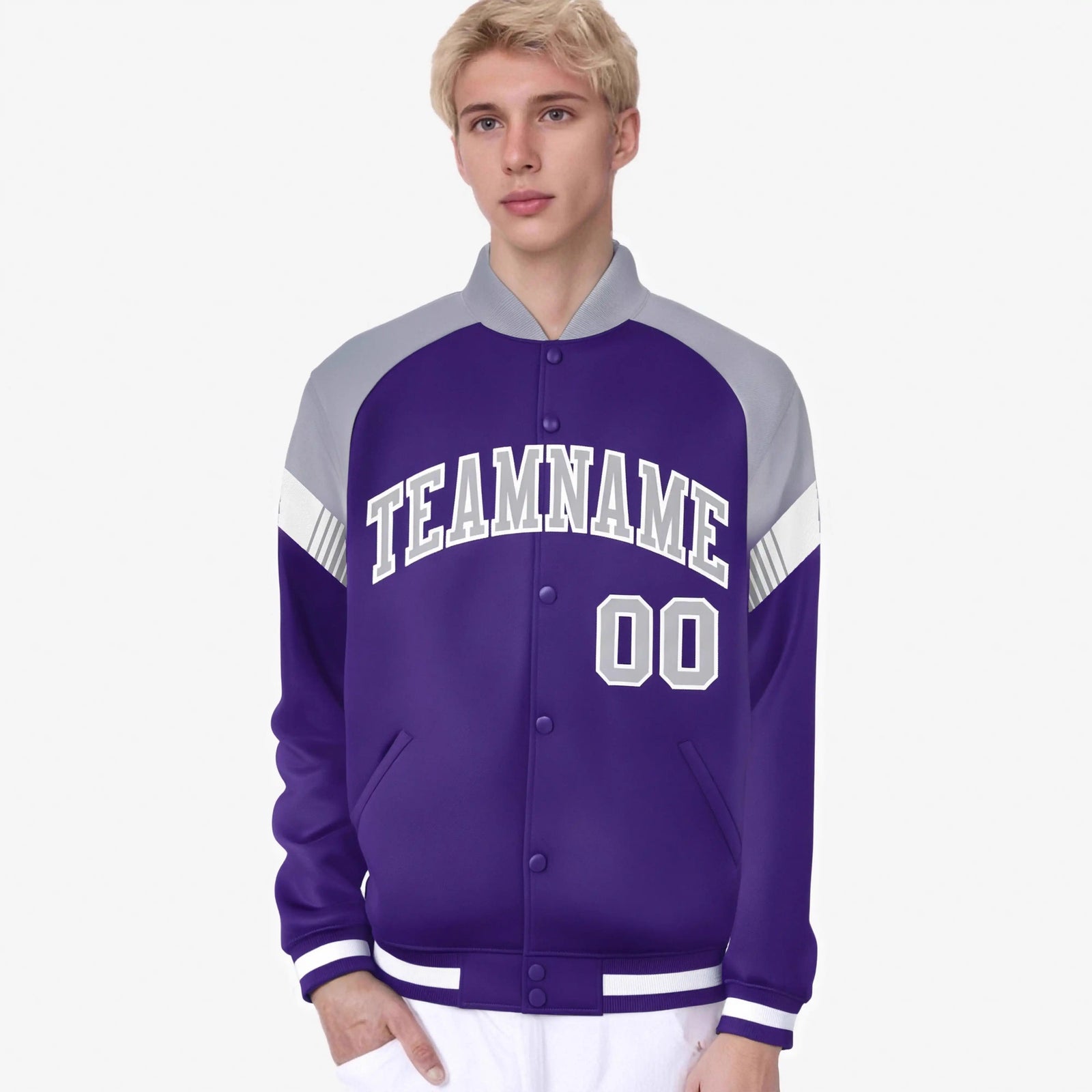 Custom Purple Gray-White Varsity Full-Snap Color Block Letterman Jacket