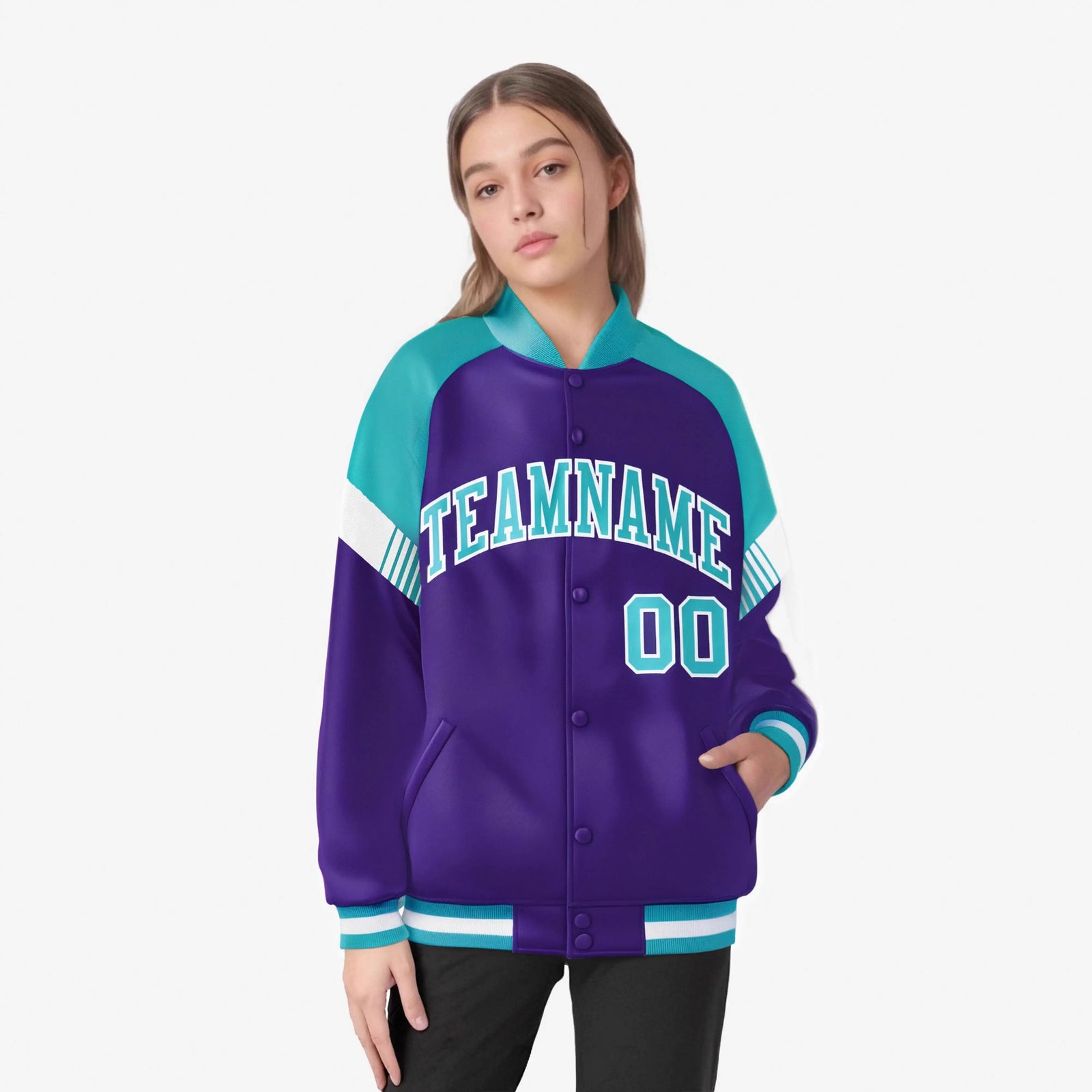 Custom Purple Aqua-White Varsity Full-Snap Color Block Letterman Jacket
