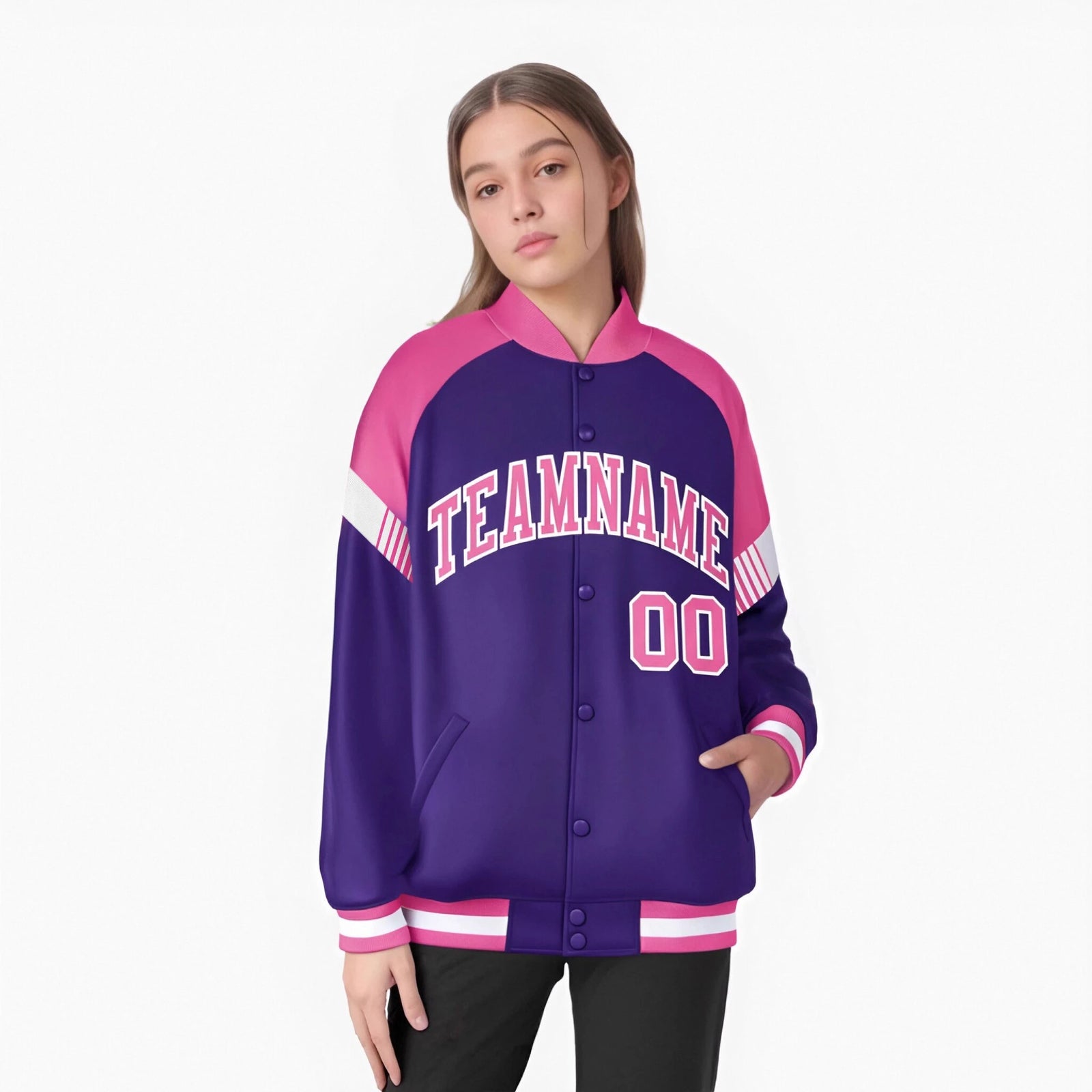 Custom Purple Pink-White Varsity Full-Snap Color Block Letterman Jacket
